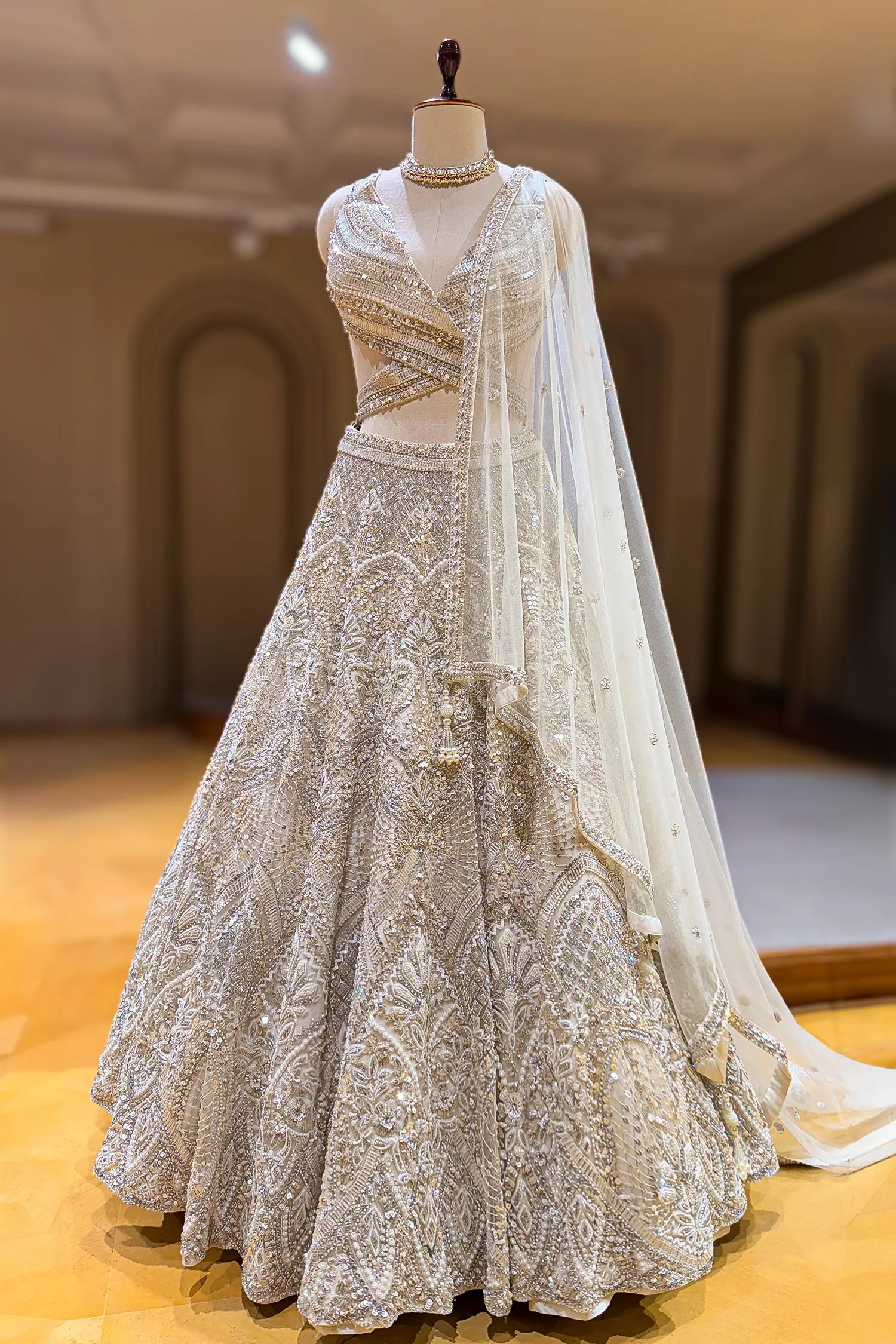 Ivory White Net Cutdana and Sequin Work Designer Lehenga with Warp Style Blouse - Image 4