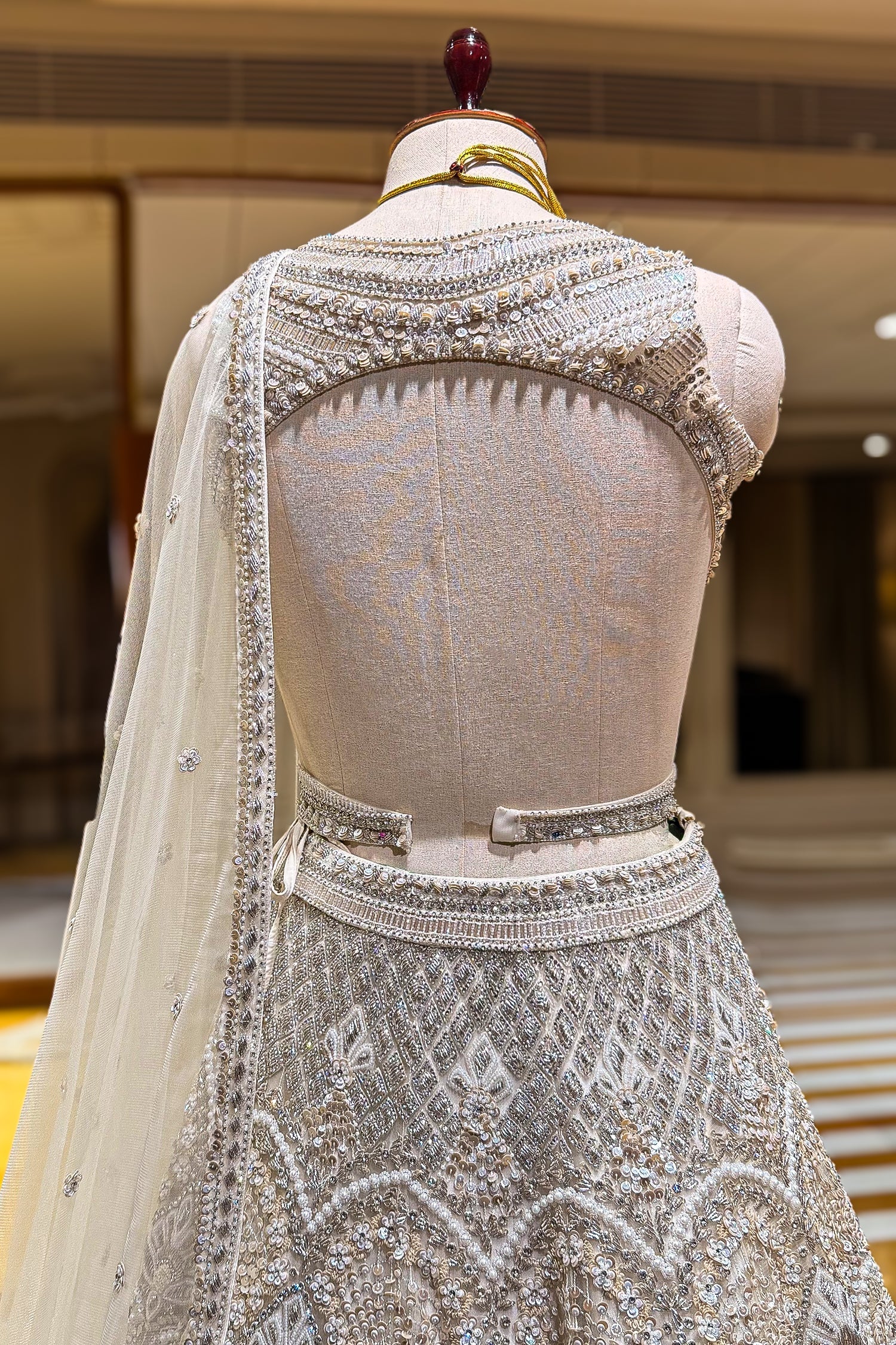 Ivory White Net Cutdana and Sequin Work Designer Lehenga with Warp Style Blouse - Image 5