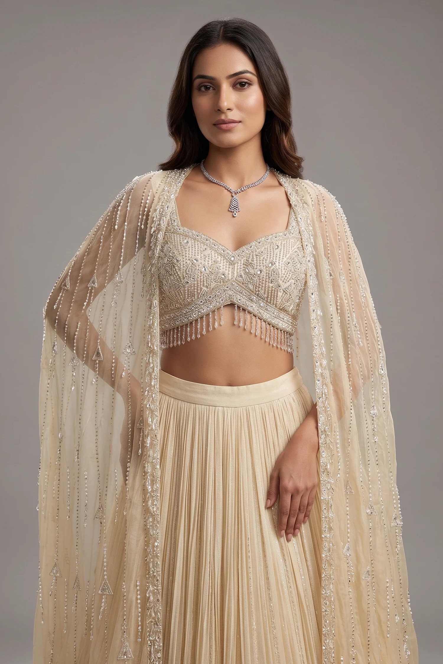 Ivory White Net Embellished Crop Top Lehenga with Long Shrug - Image 2