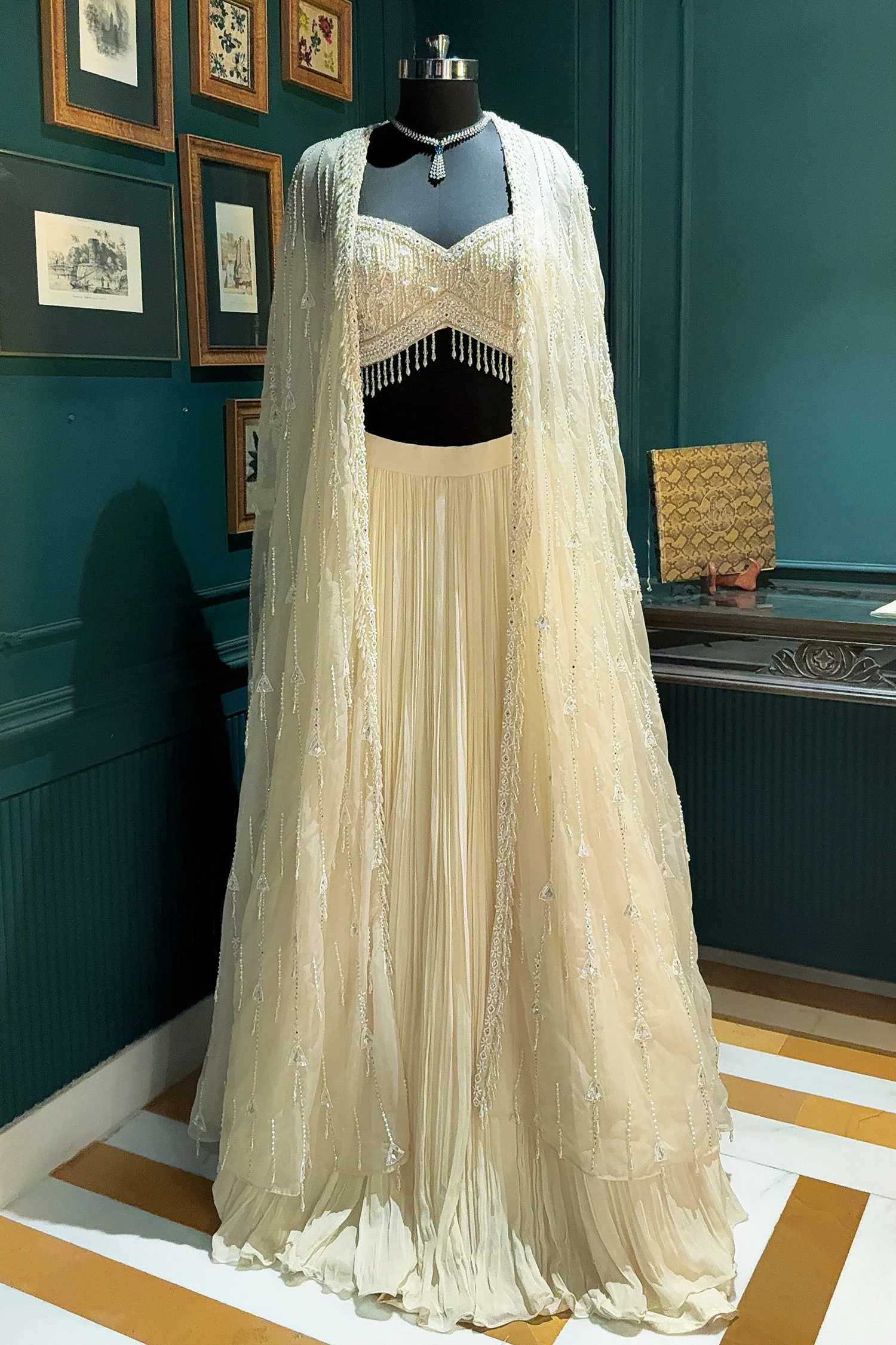 Ivory White Net Embellished Crop Top Lehenga with Long Shrug - Image 3
