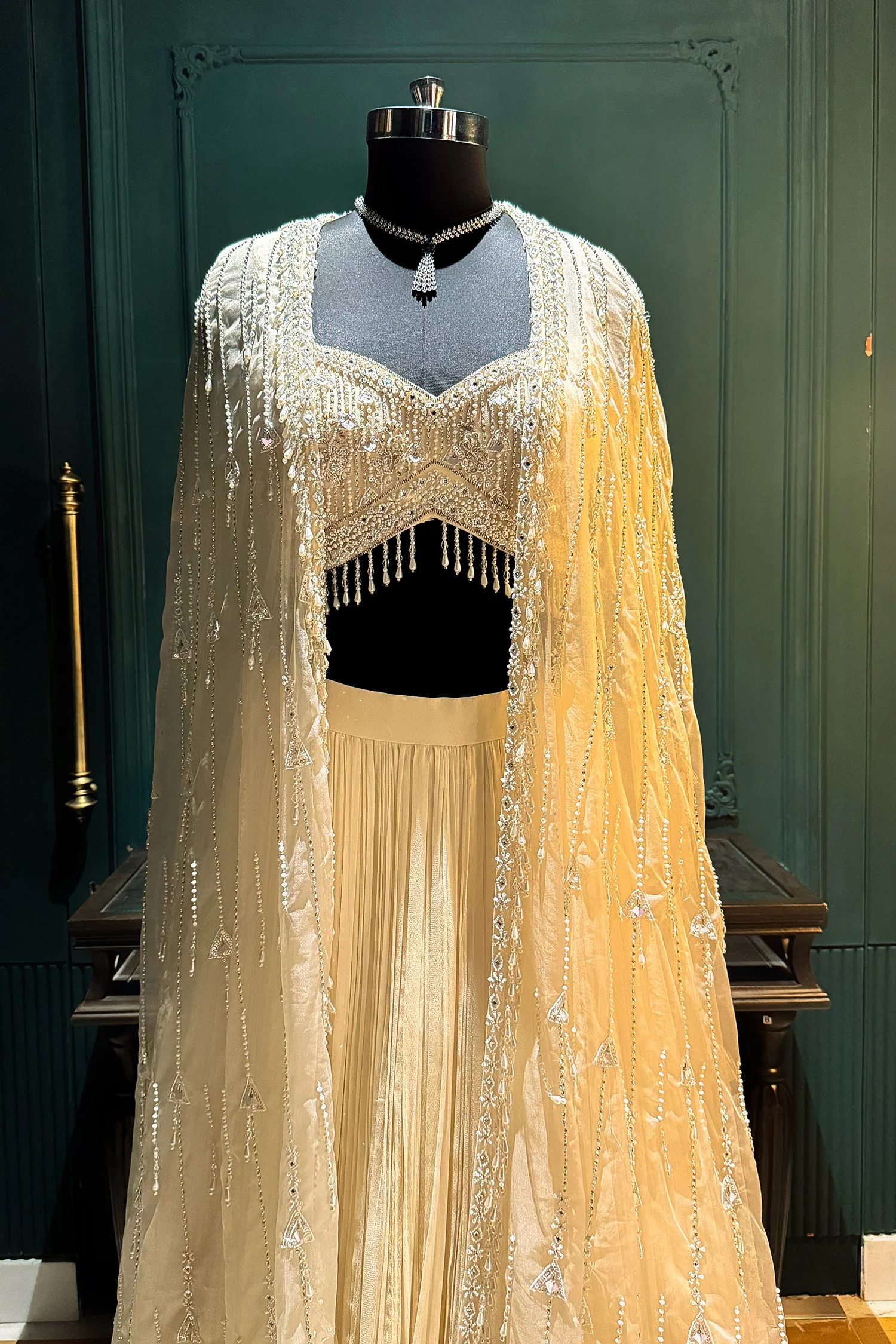 Ivory White Net Embellished Crop Top Lehenga with Long Shrug - Image 4