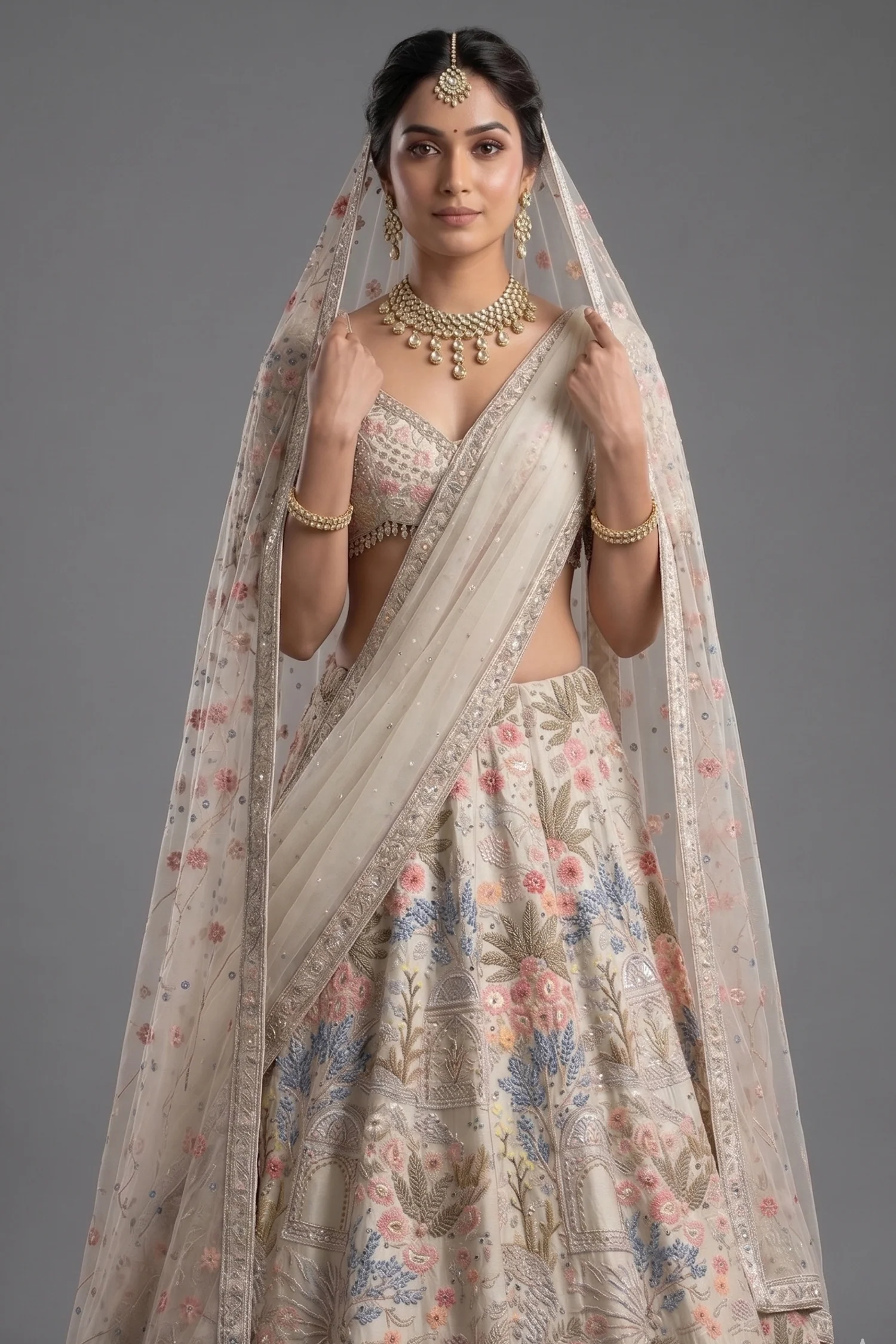 Ivory White Shimmer Organza Handworked Lehenga with Double Dupatta - Image 2