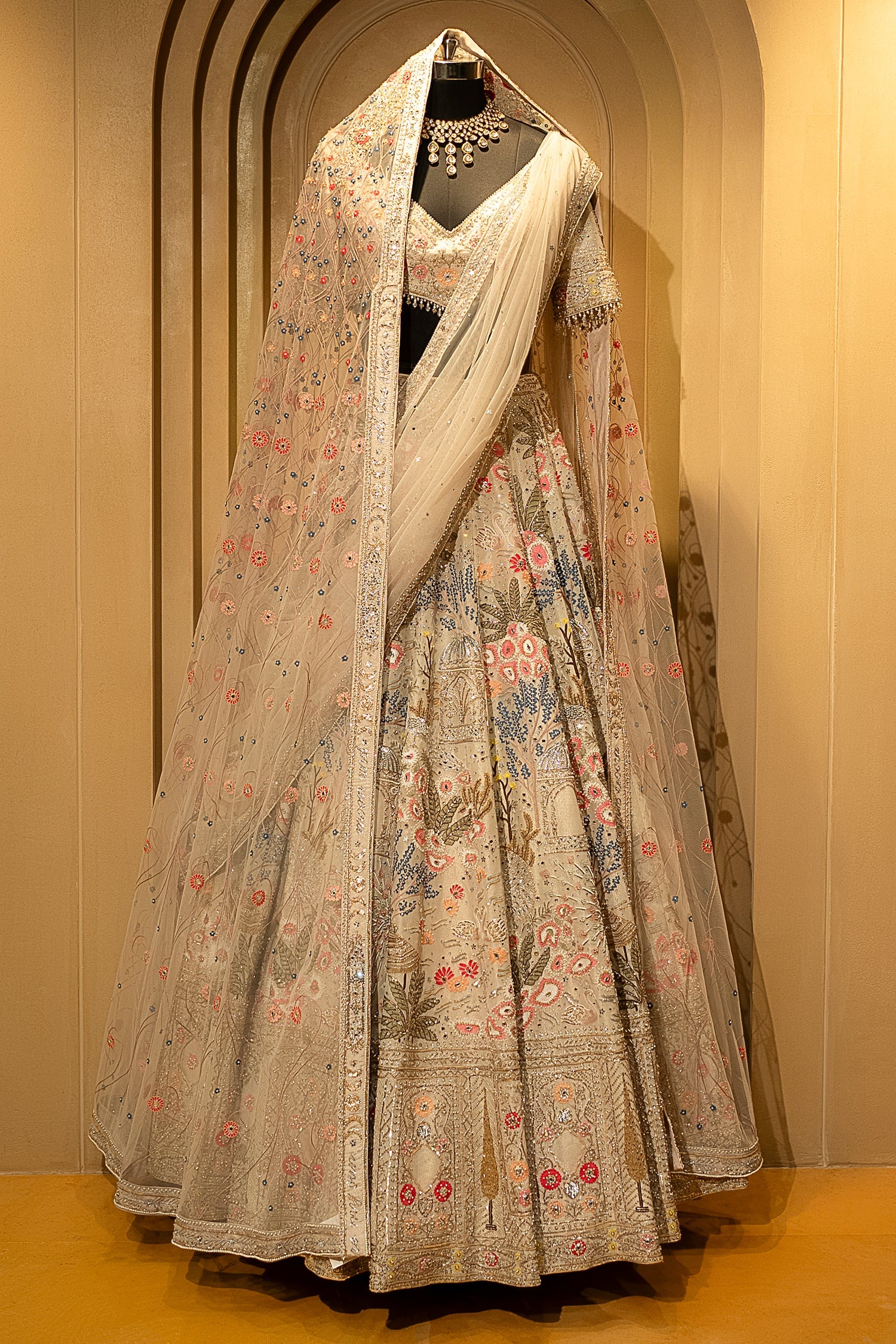 Ivory White Shimmer Organza Handworked Lehenga with Double Dupatta - Image 3
