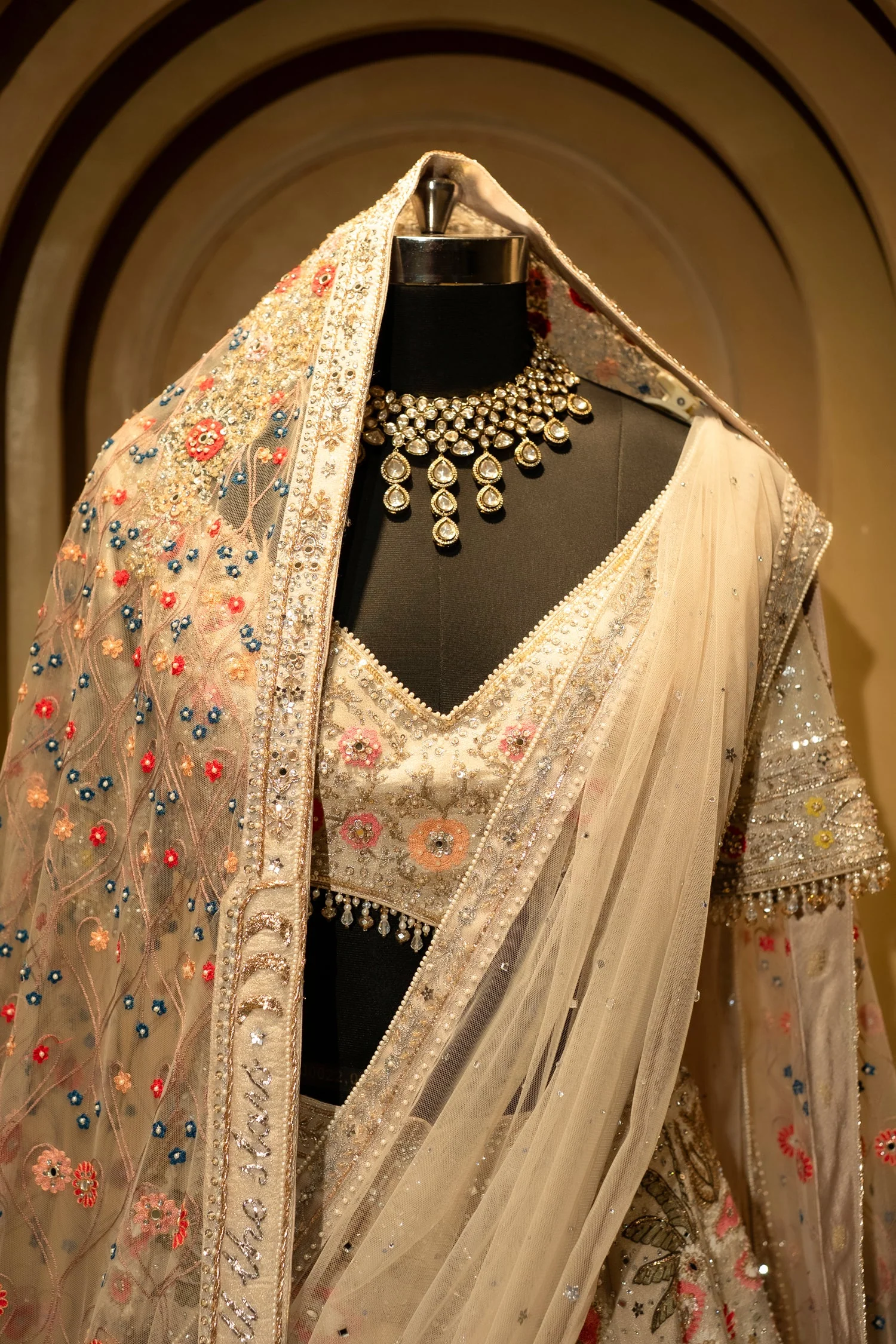 Ivory White Shimmer Organza Handworked Lehenga with Double Dupatta - Image 4