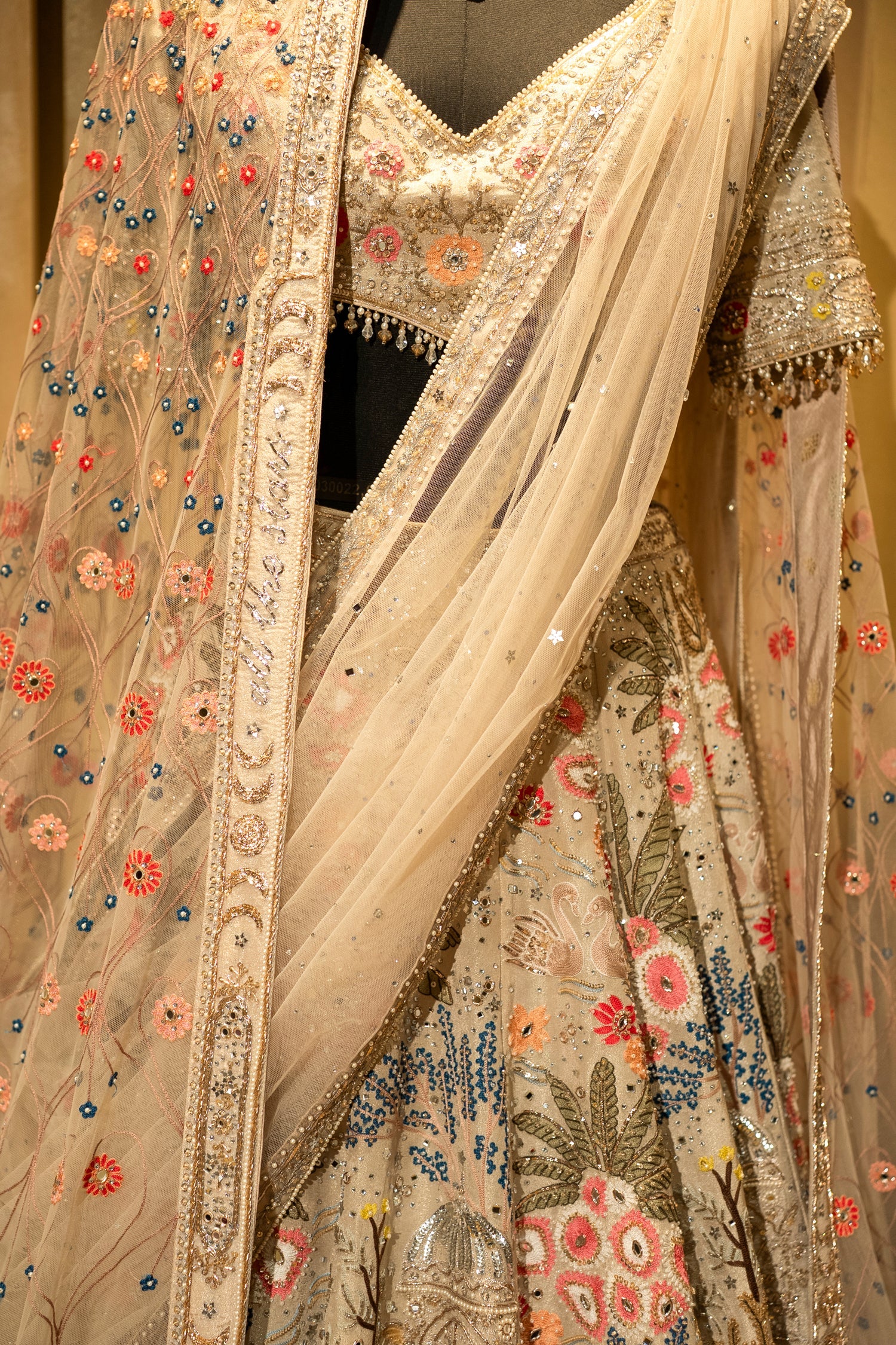 Ivory White Shimmer Organza Handworked Lehenga with Double Dupatta - Image 5