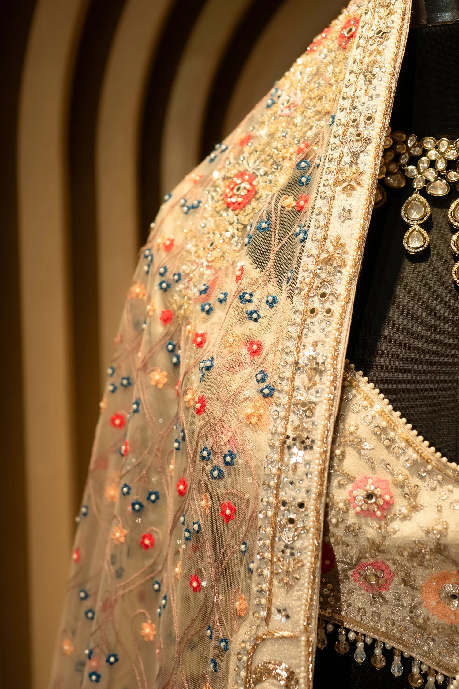 Ivory White Shimmer Organza Handworked Lehenga with Double Dupatta - Image 6