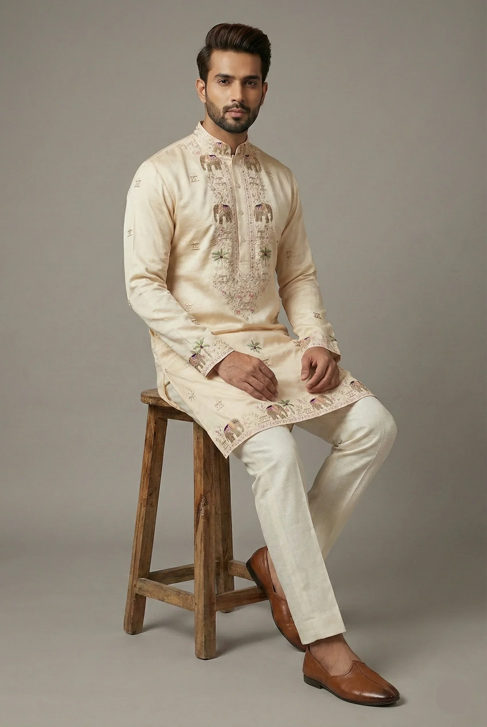 Ivory White Silk Sequin Embroidered Kurta Set - Image 2