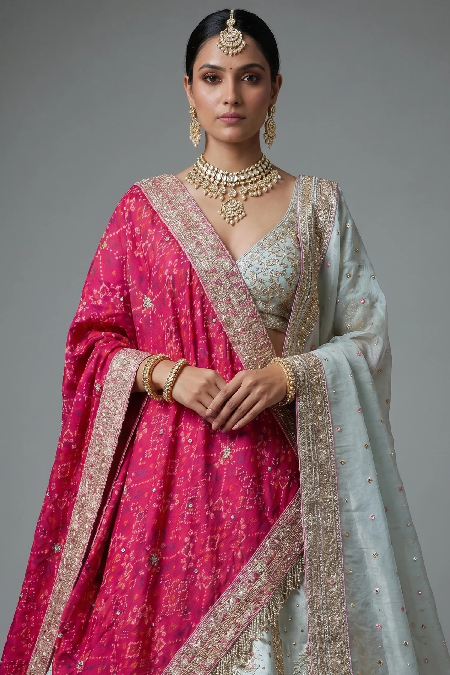 Ivory White Tissue Silk Handworked Bridal Lehenga with Double Dupatta - Image 2