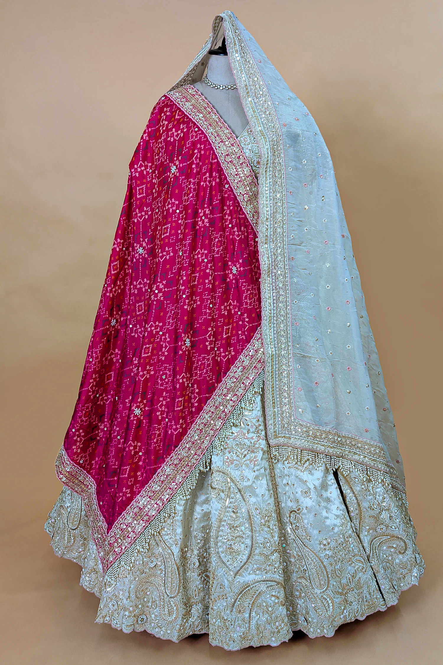 Ivory White Tissue Silk Handworked Bridal Lehenga with Double Dupatta - Image 3
