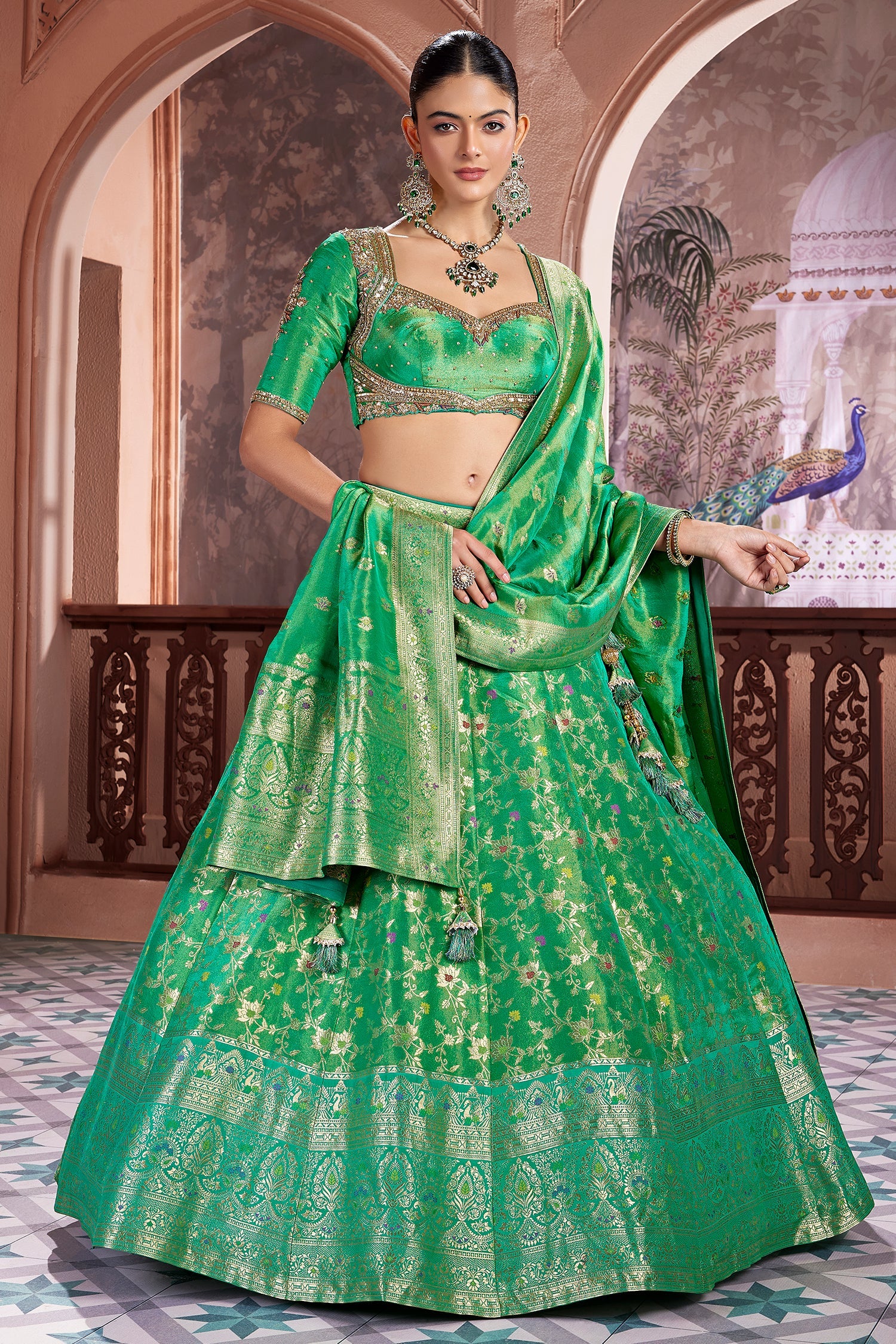 Jade Green Tissue Silk Floral Woven Lehenga - Image 3