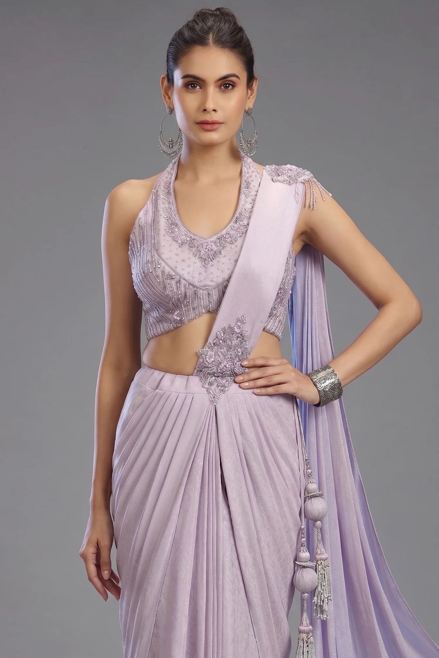 Lavender Imported Ready to Wear Saree with Sequin and Beaded Heltar Neck Blouse - Image 2