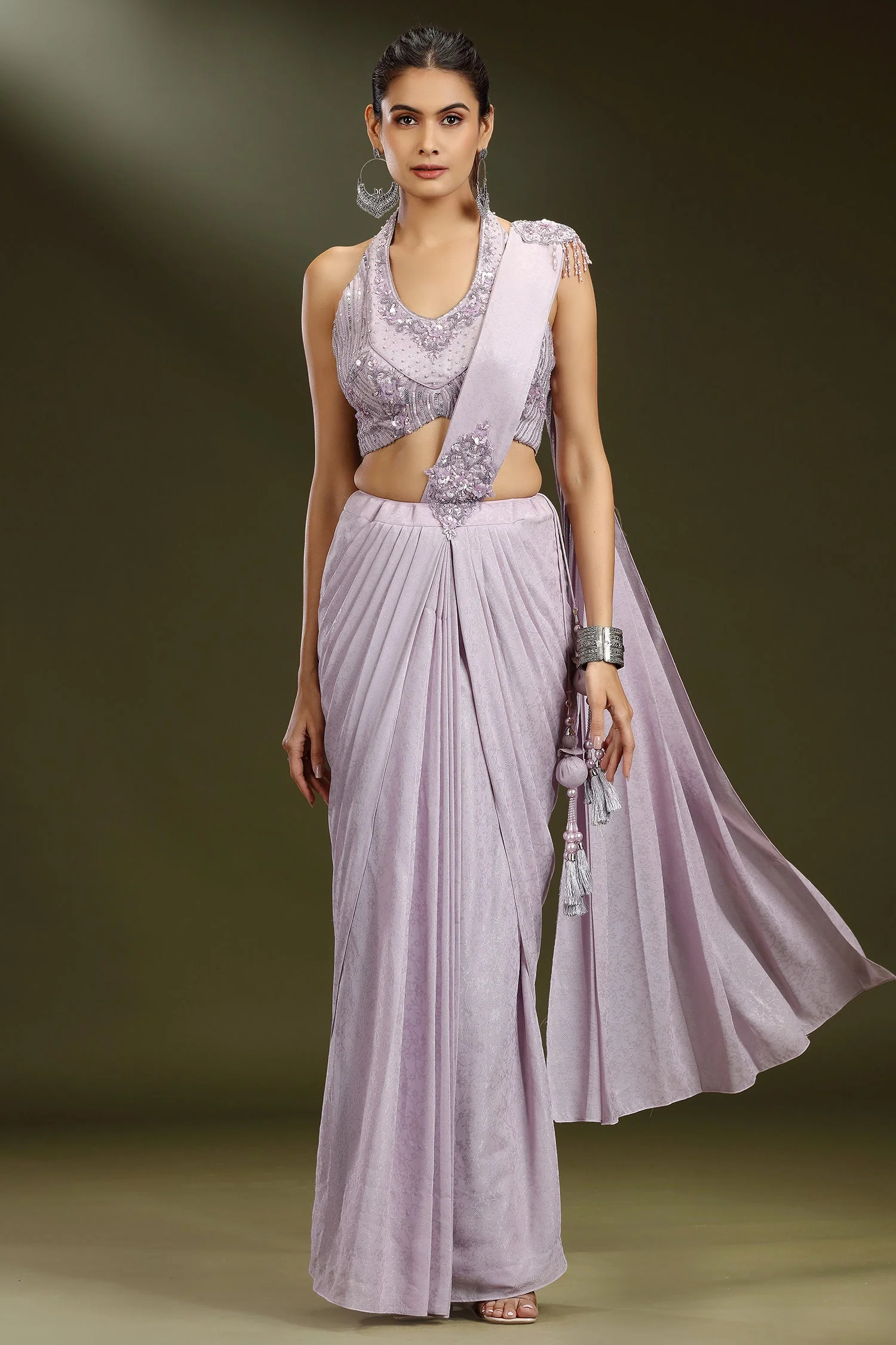 Lavender Imported Ready to Wear Saree with Sequin and Beaded Heltar Neck Blouse - Image 3