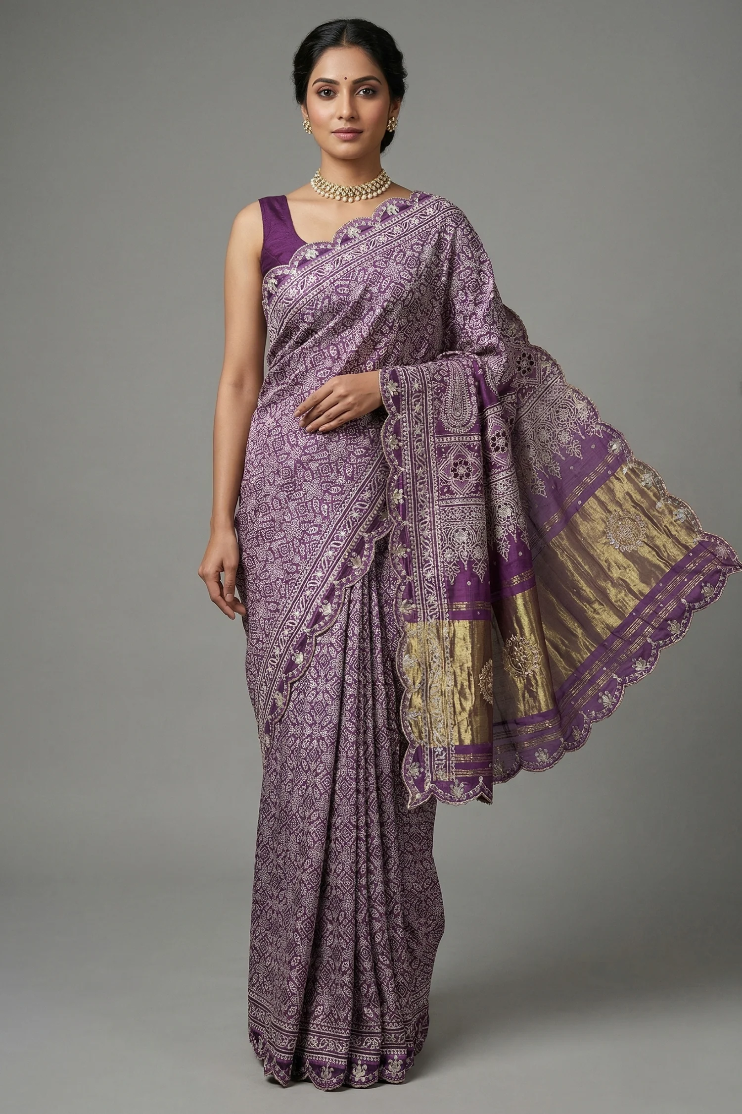 Lavender Modal Silk Ajrakh Printed Saree with Applique and Gota Work