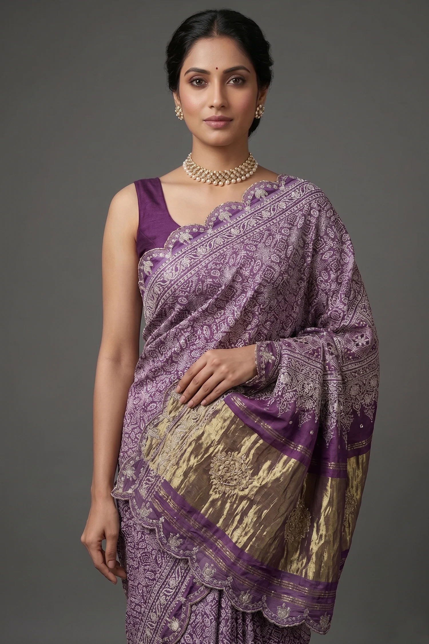 Lavender Modal Silk Ajrakh Printed Saree with Applique and Gota Work - Image 2