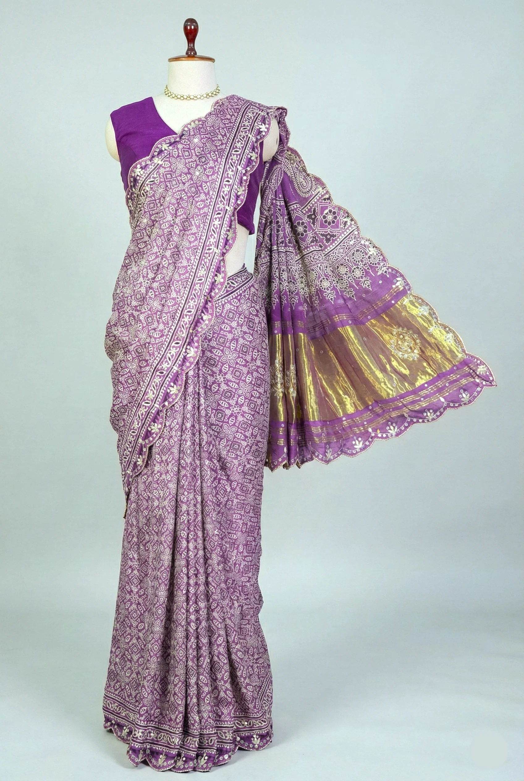 Lavender Modal Silk Ajrakh Printed Saree with Applique and Gota Work - Image 3
