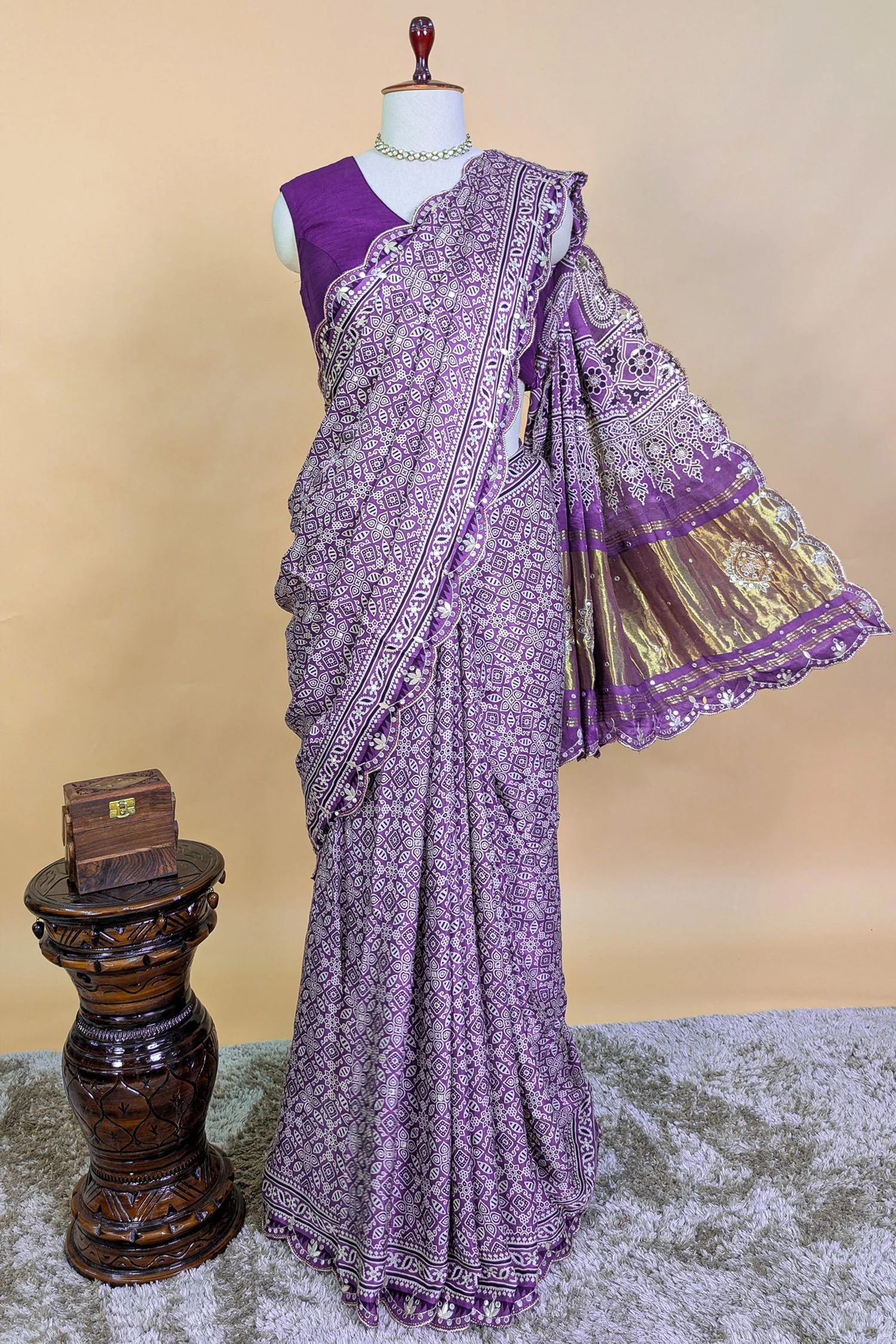 Lavender Modal Silk Ajrakh Printed Saree with Applique and Gota Work - Image 4
