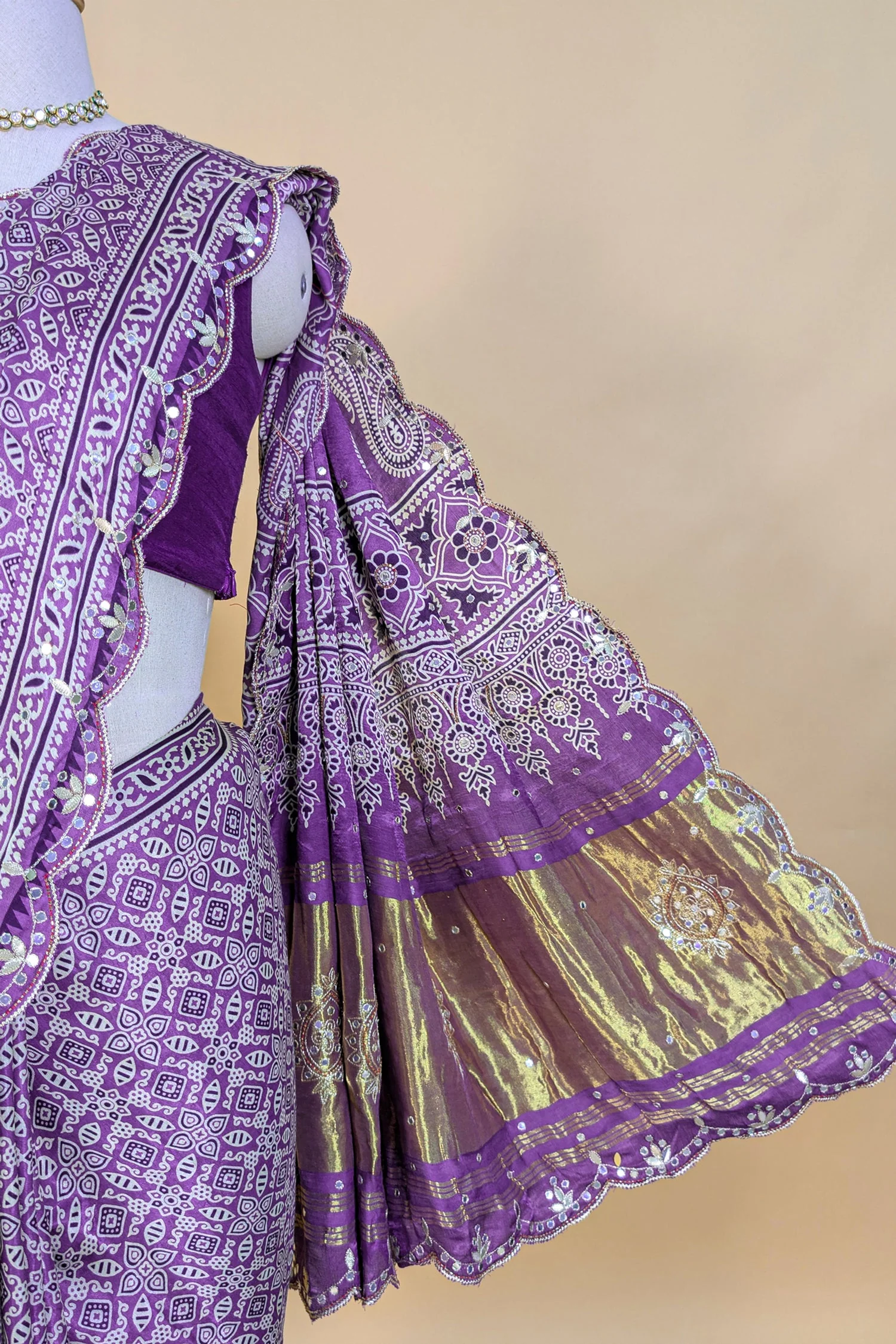 Lavender Modal Silk Ajrakh Printed Saree with Applique and Gota Work - Image 5