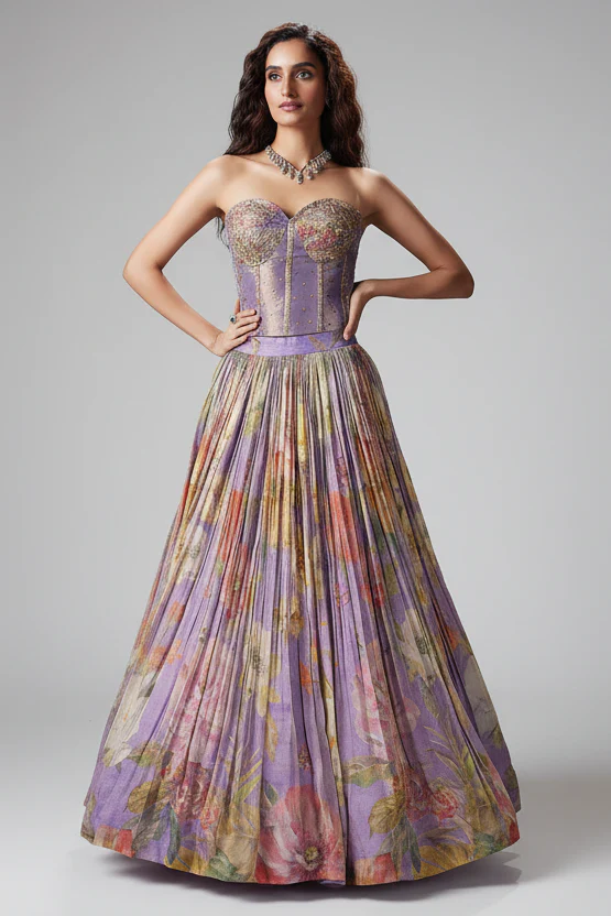 Lavender Purple Georgette Floral Printed Flared Lehenga with Off Shoulder Handwork Corset Blouse