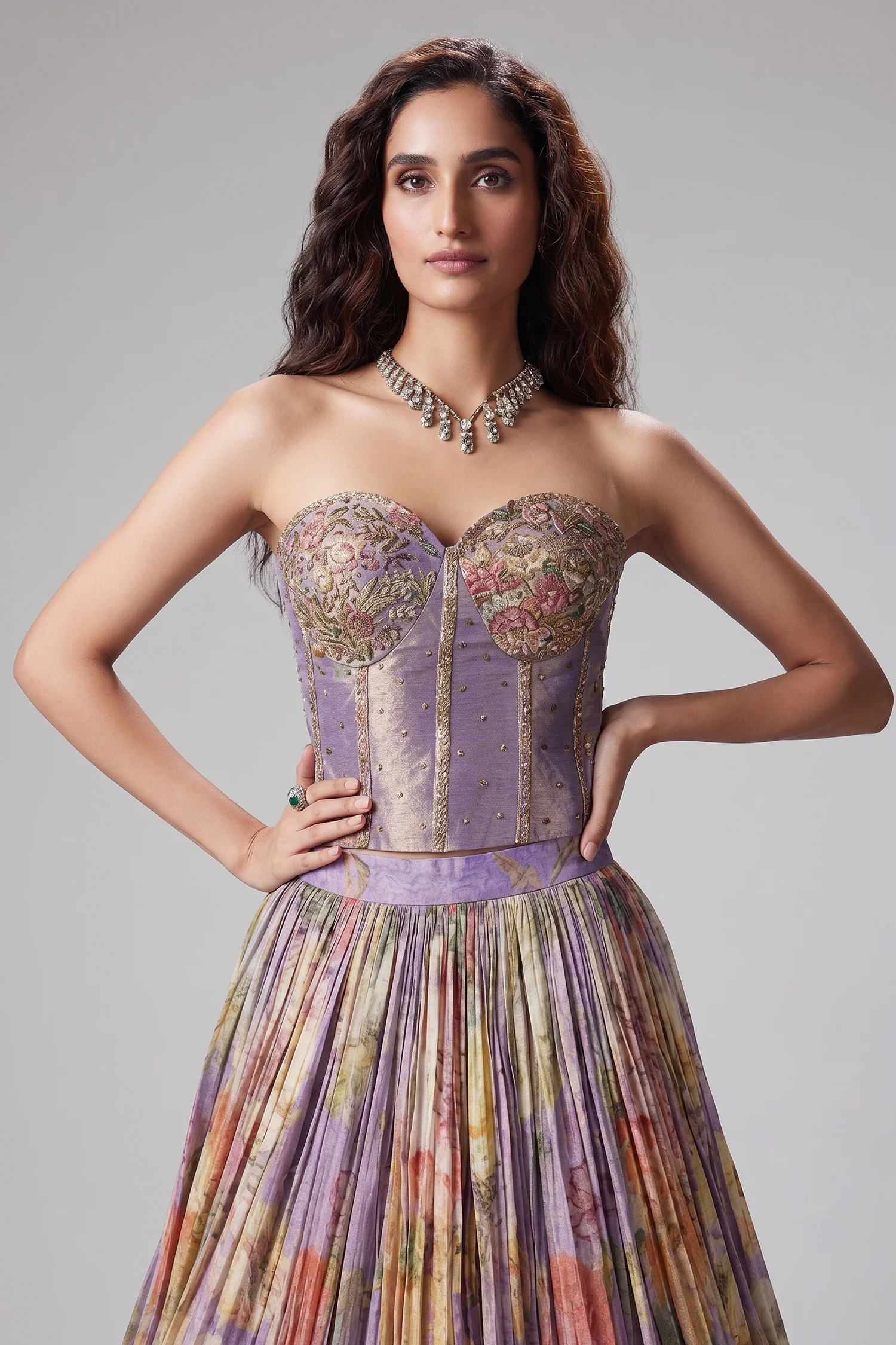 Lavender Purple Georgette Floral Printed Flared Lehenga with Off Shoulder Handwork Corset Blouse - Image 2