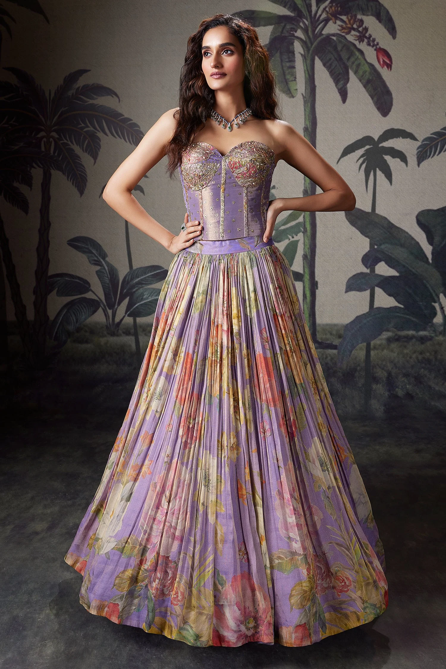 Lavender Purple Georgette Floral Printed Flared Lehenga with Off Shoulder Handwork Corset Blouse - Image 3