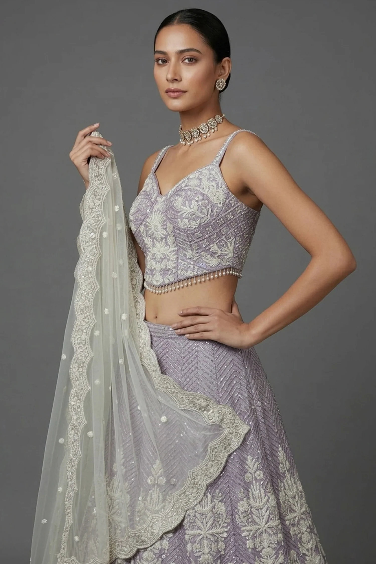 Lavender Purple Net Designer Lehenga with Corset - Image 2
