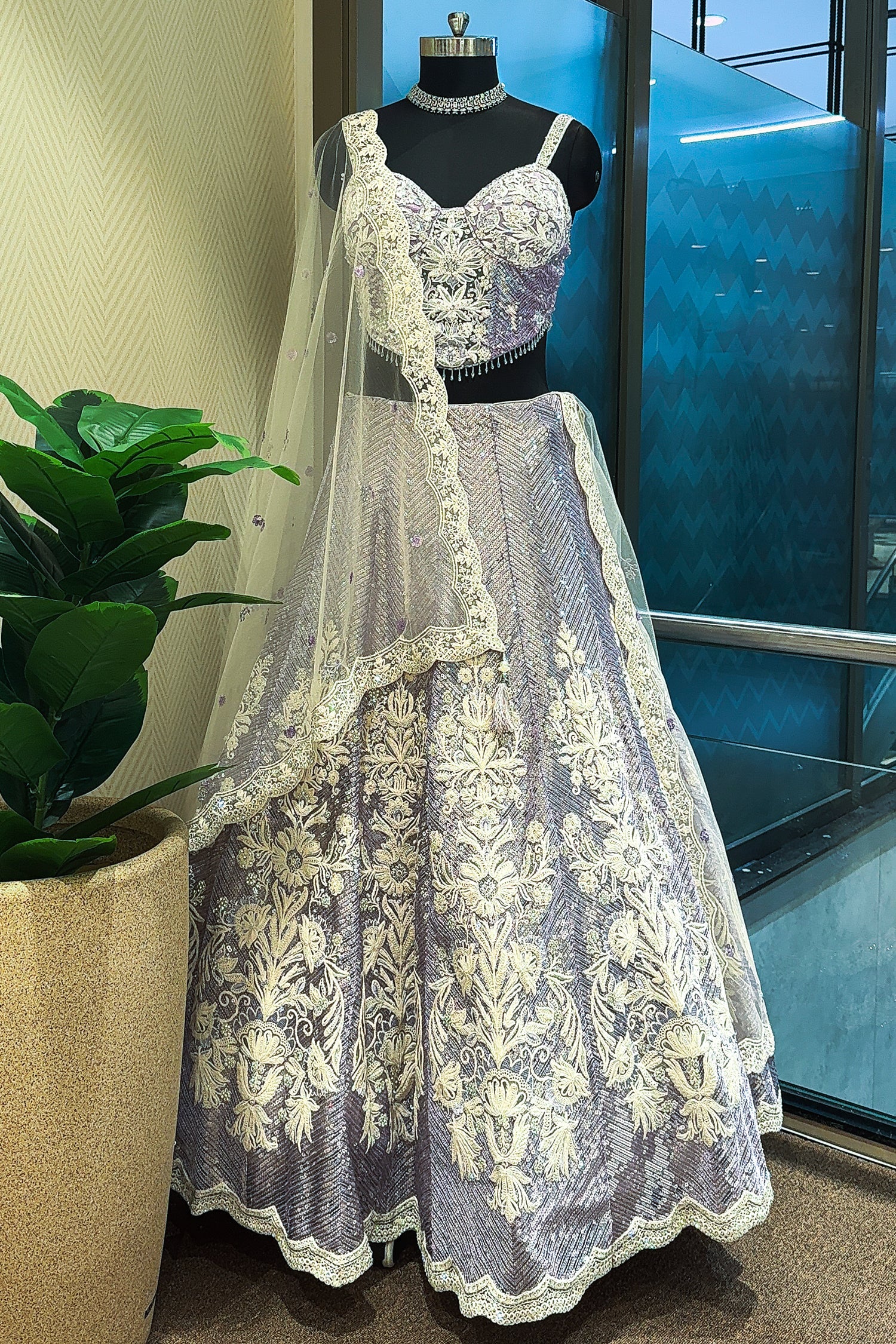 Lavender Purple Net Designer Lehenga with Corset - Image 3