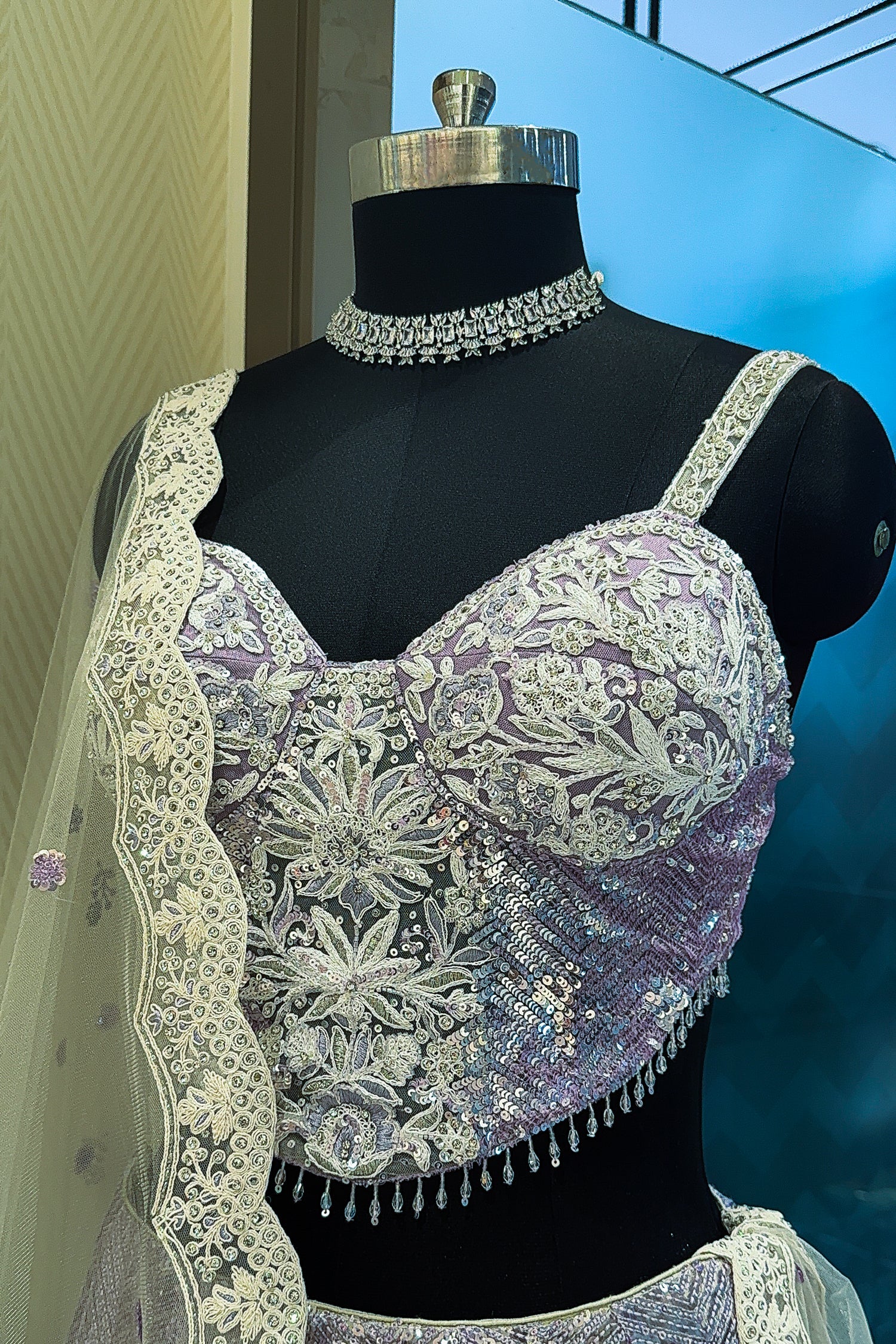 Lavender Purple Net Designer Lehenga with Corset - Image 4