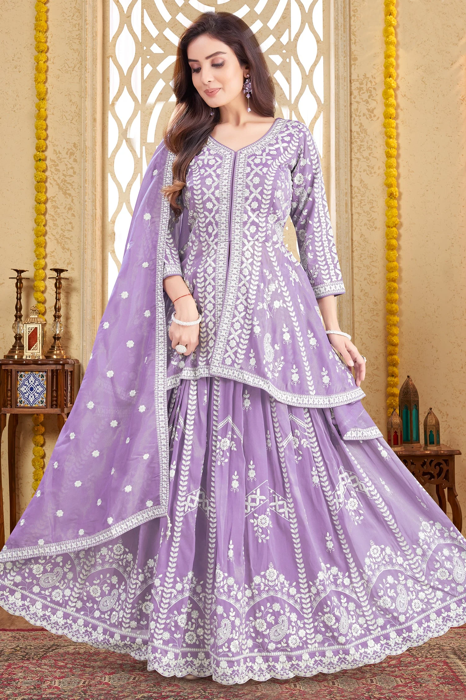 Lavender Purple Oraganza Tissue Embroidered Peplum Lehenga Suit - Image 2