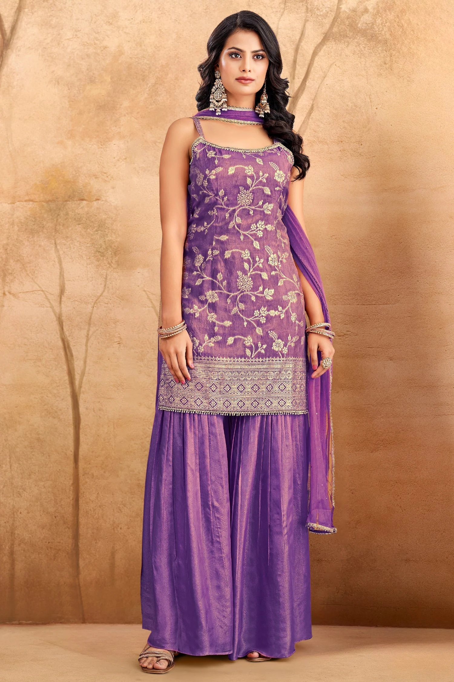 Lavender Purple Tissue Floral Woven Sharara Suit - Image 2