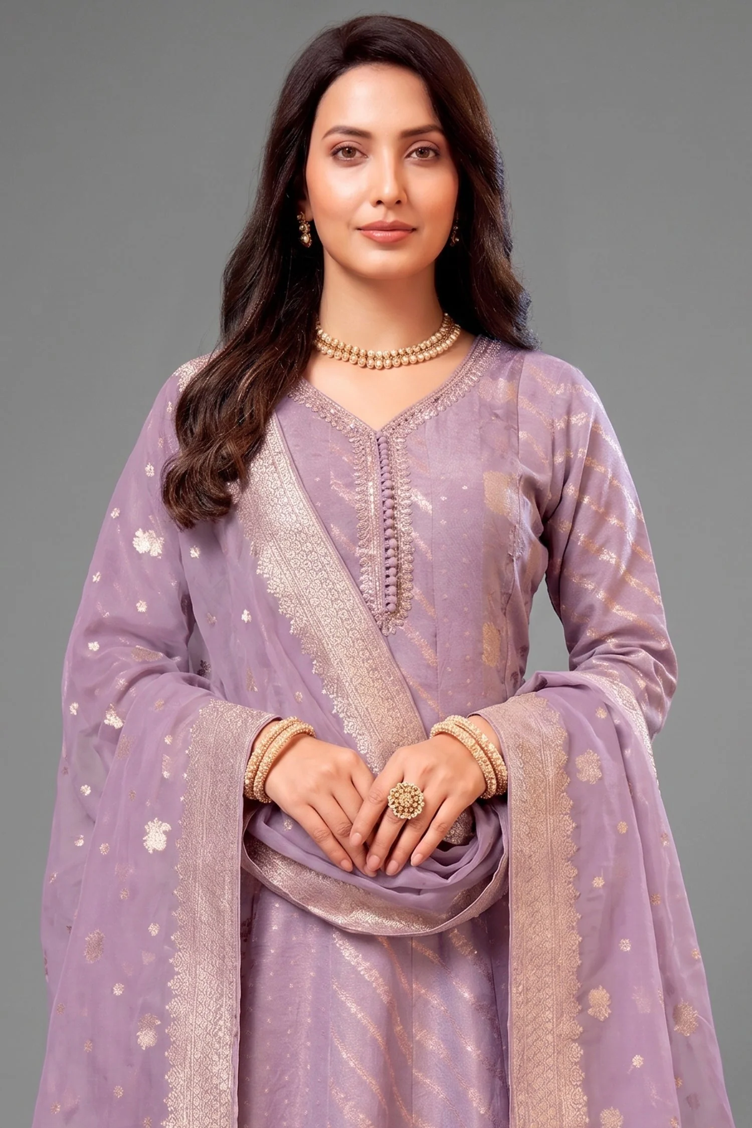 Lavender Purple Tissue Woven Anarkali Palazzo Suit - Image 2