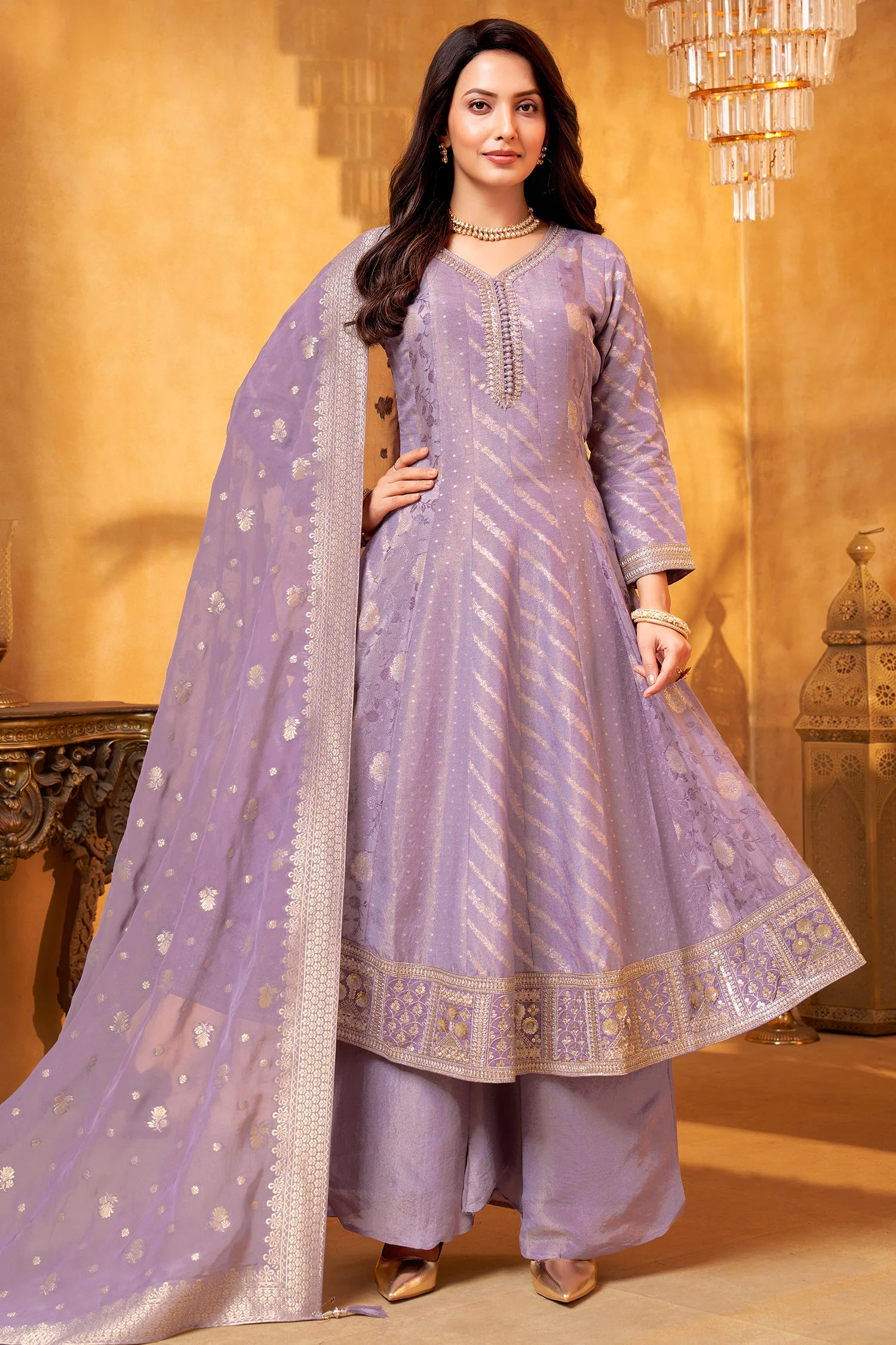 Lavender Purple Tissue Woven Anarkali Palazzo Suit - Image 3