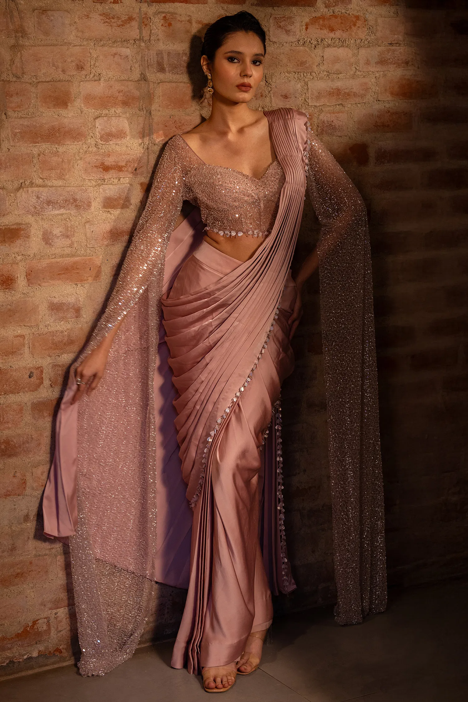 Lavender Satin Silk Ready to Wear Saree with Sequin Cutdana Work Cape Sleeved Blouse - Image 3