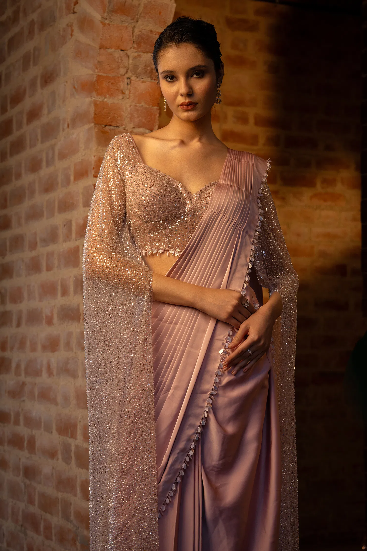 Lavender Satin Silk Ready to Wear Saree with Sequin Cutdana Work Cape Sleeved Blouse - Image 4