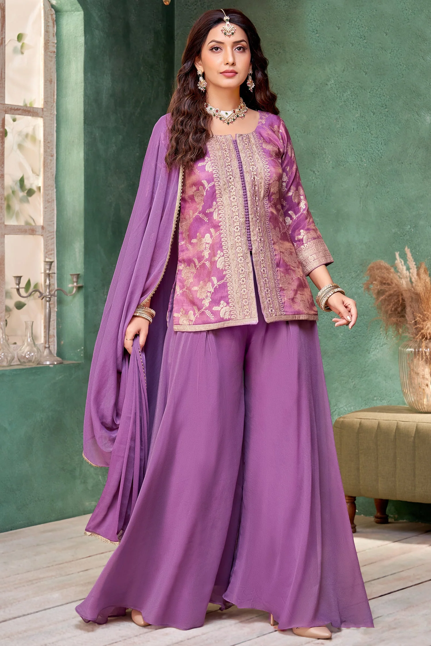 Lavender Tissue Woven Palazzo Suit - Image 3