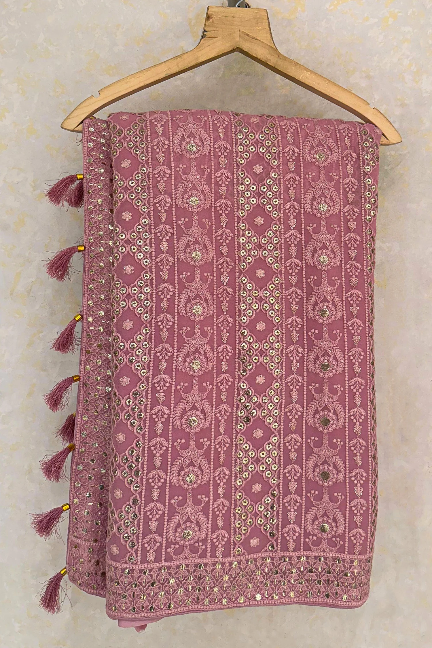 Light Baby Pink Georgette Lucknowi Worked Saree with Mukaish Work - Image 2