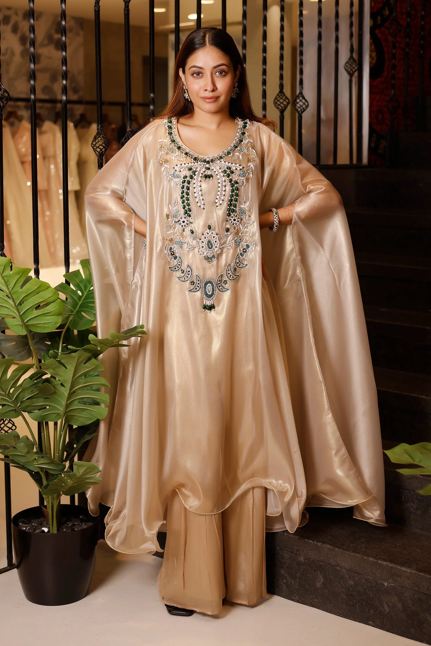 Light Beige Pearl Worked Tissue Cape Style Palazzo Set - Image 3