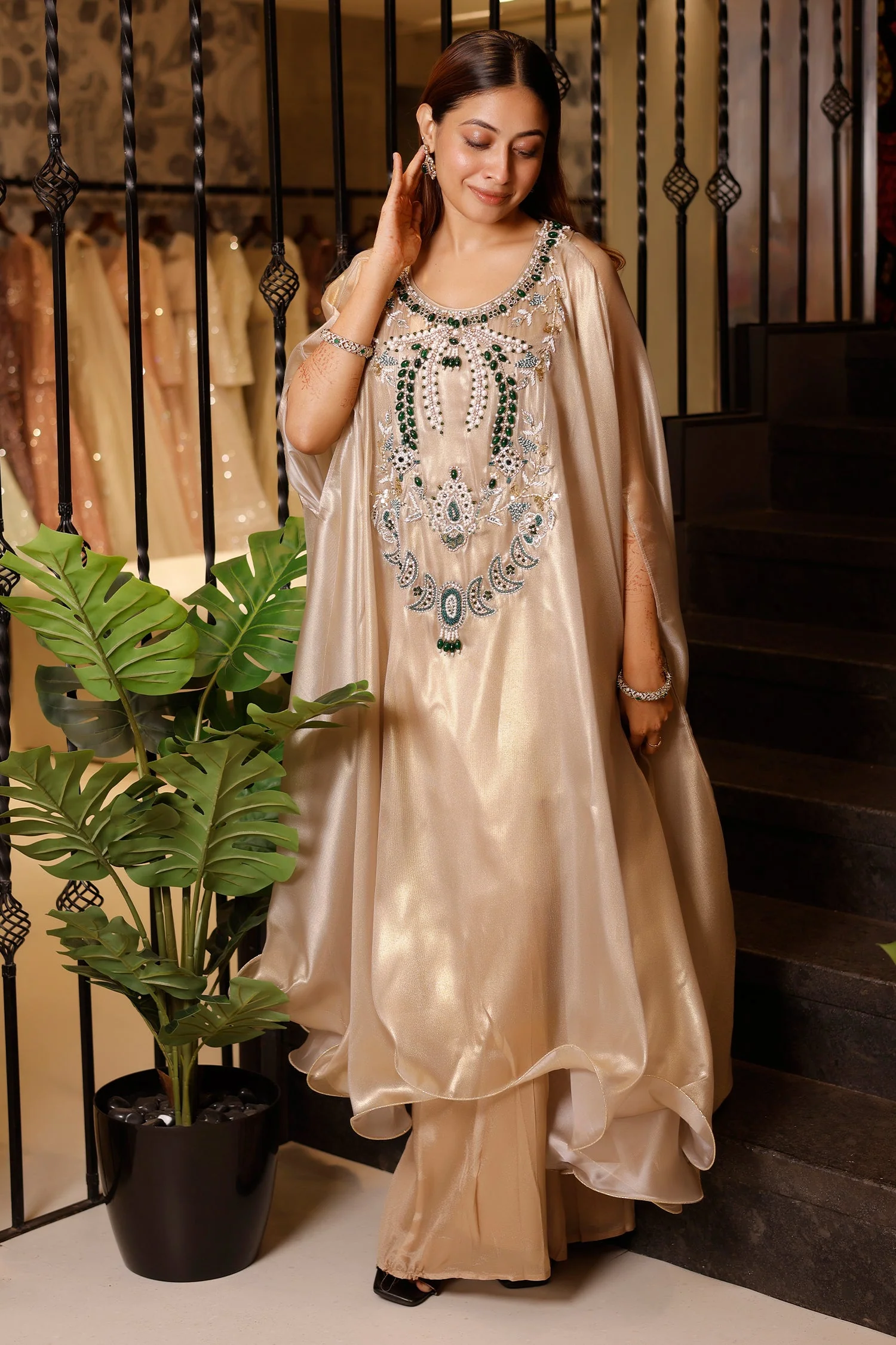 Light Beige Pearl Worked Tissue Cape Style Palazzo Set - Image 4