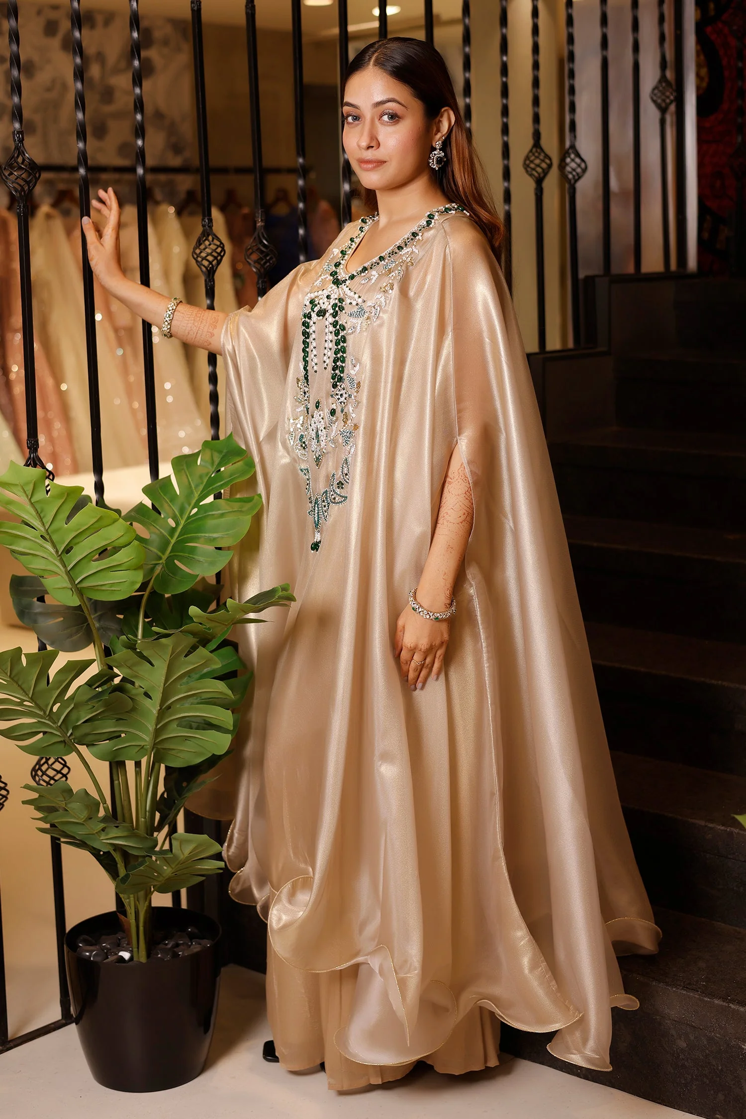 Light Beige Pearl Worked Tissue Cape Style Palazzo Set - Image 5