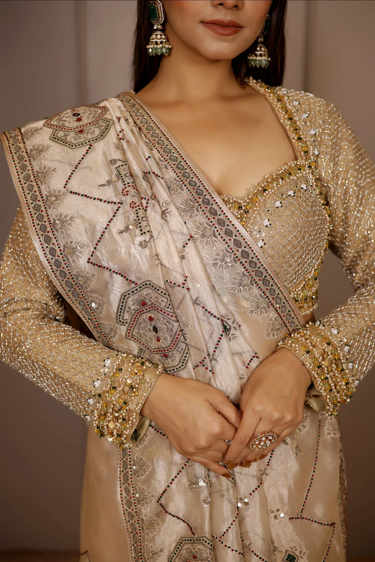 Light Beige Tissue Designer Handworked Saree - Image 5