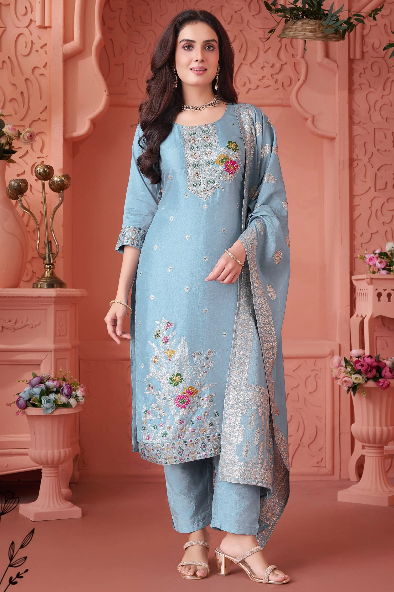 Light Blue Art Silk Woven Straight Cut Suit - Image 3