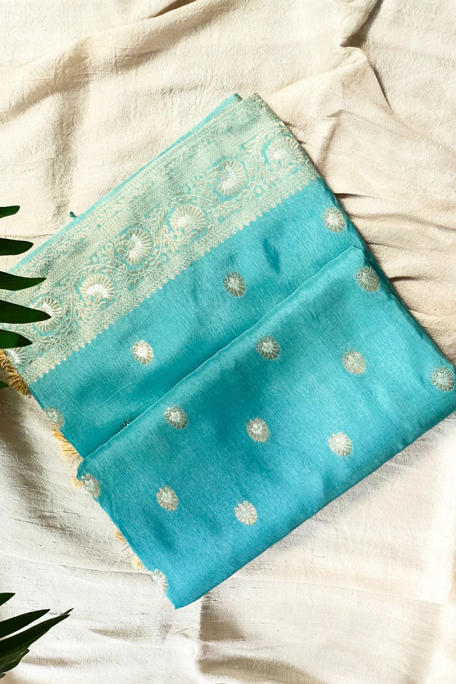 Light Blue Dola Silk Woven Saree with Handworked Readymade Blouse - Image 2