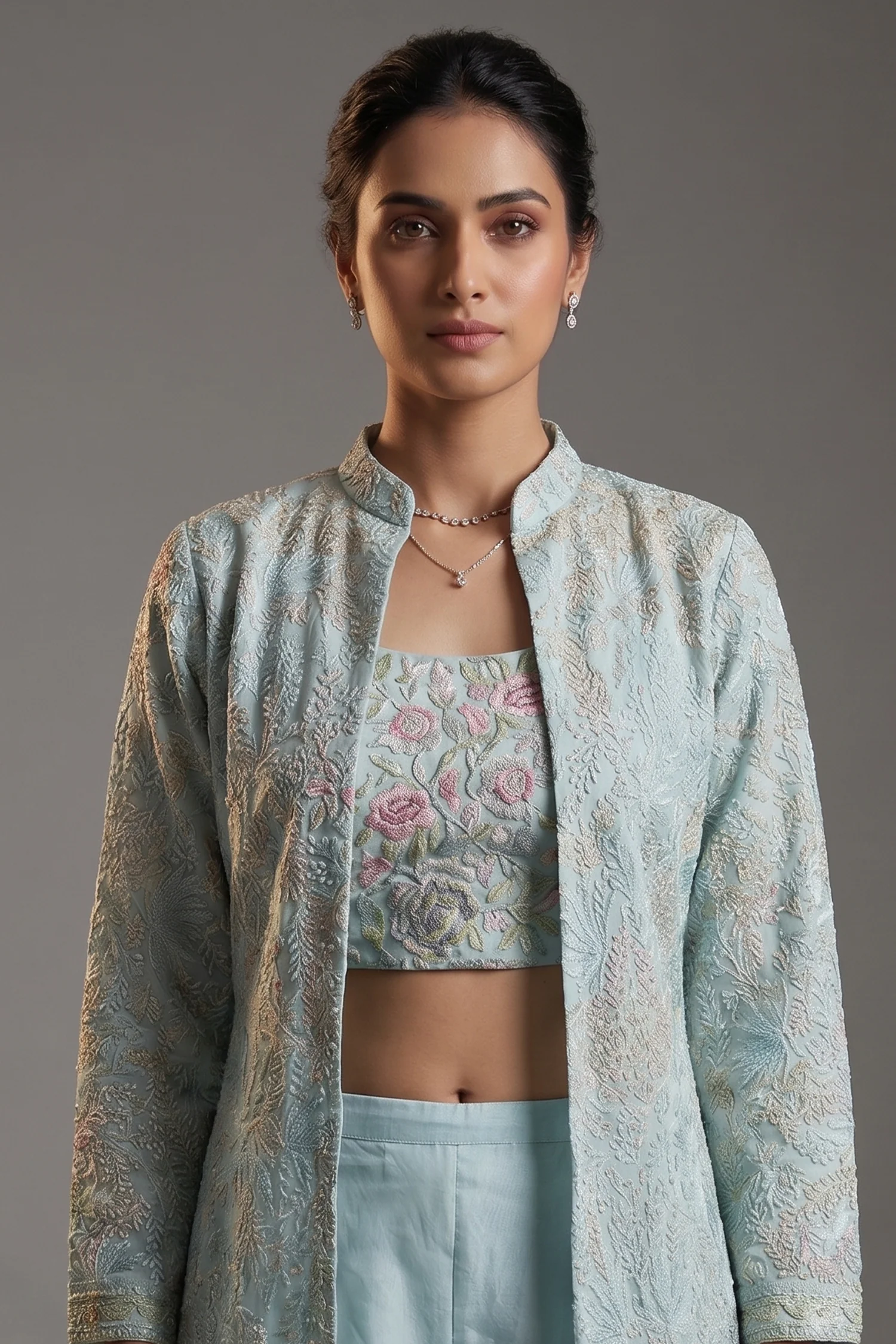 Light Blue Organza Sequin Embroidered Crop Top Palazzo Set with Jacket - Image 2