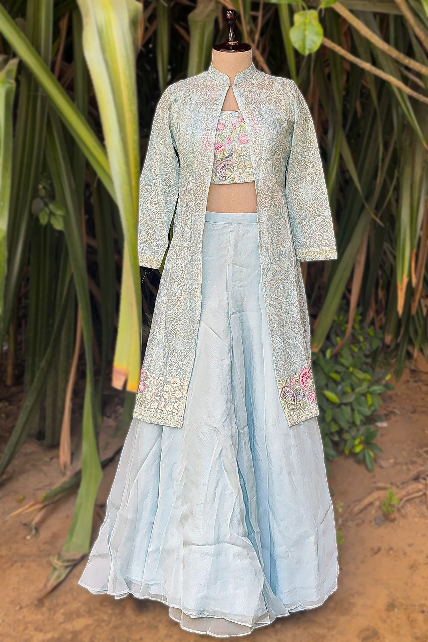 Light Blue Organza Sequin Embroidered Crop Top Palazzo Set with Jacket - Image 3