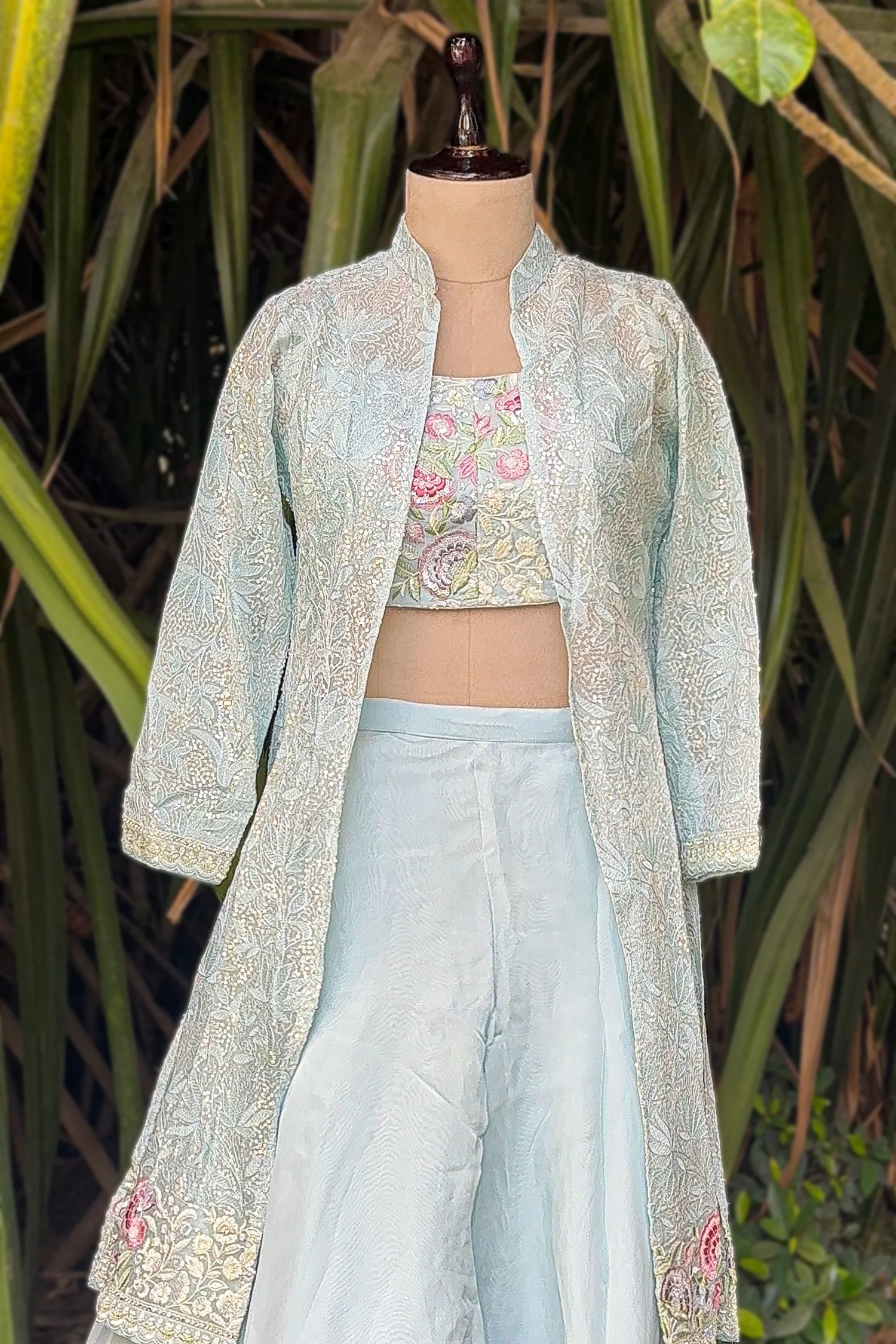 Light Blue Organza Sequin Embroidered Crop Top Palazzo Set with Jacket - Image 4
