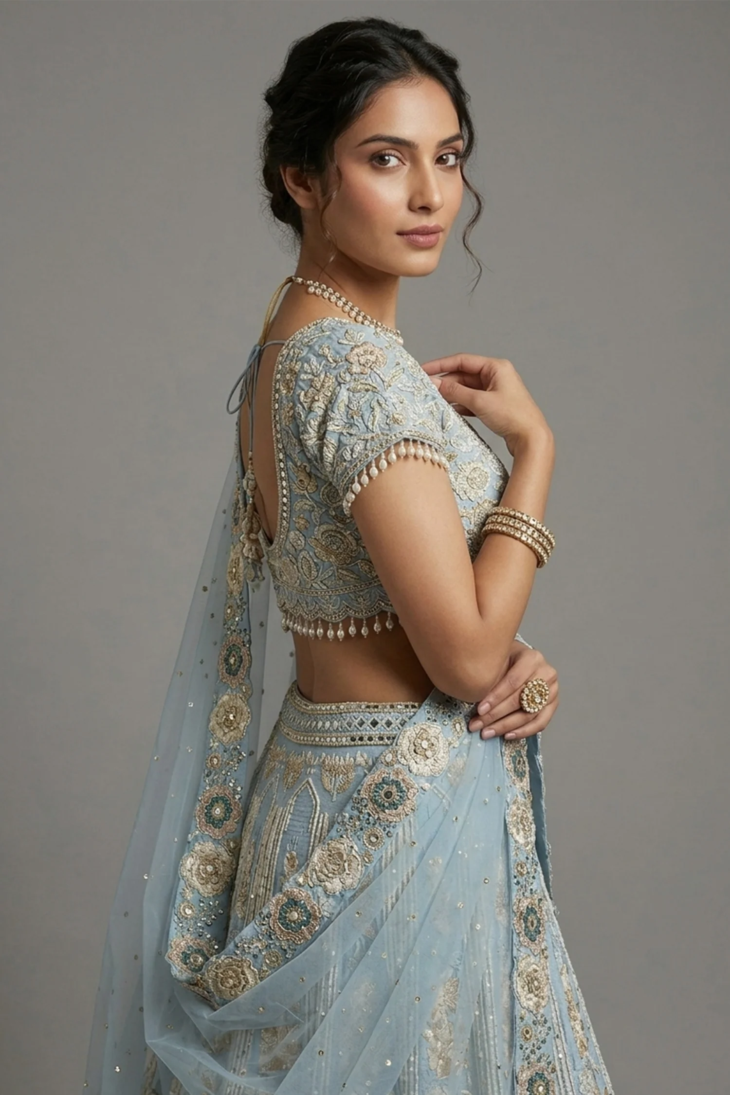 Light Blue Silk All Over Beaded and Mirror Worked Lehenga - Image 2
