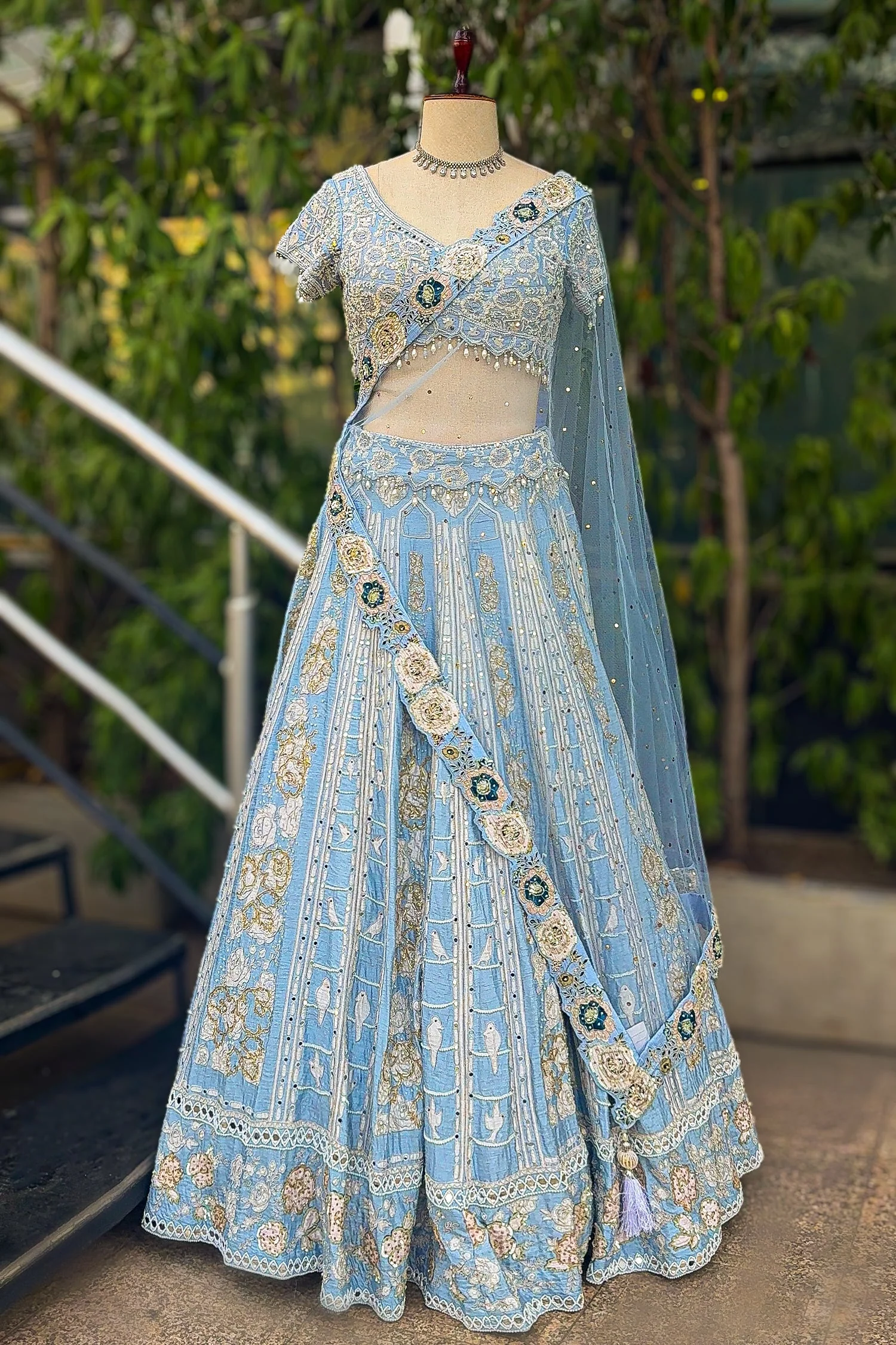 Light Blue Silk All Over Beaded and Mirror Worked Lehenga - Image 3