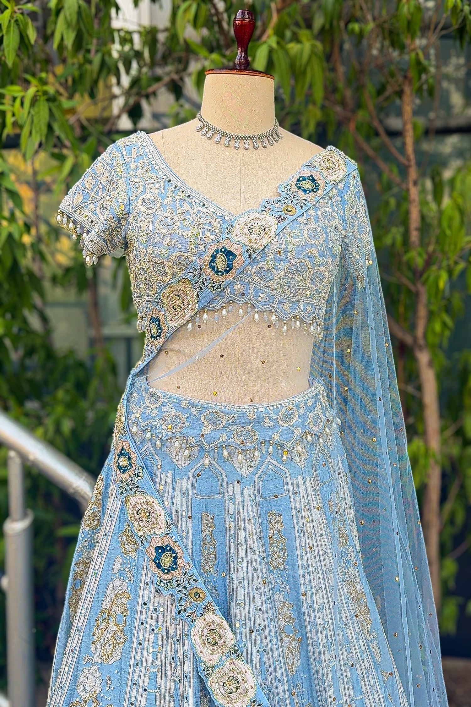 Light Blue Silk All Over Beaded and Mirror Worked Lehenga - Image 4
