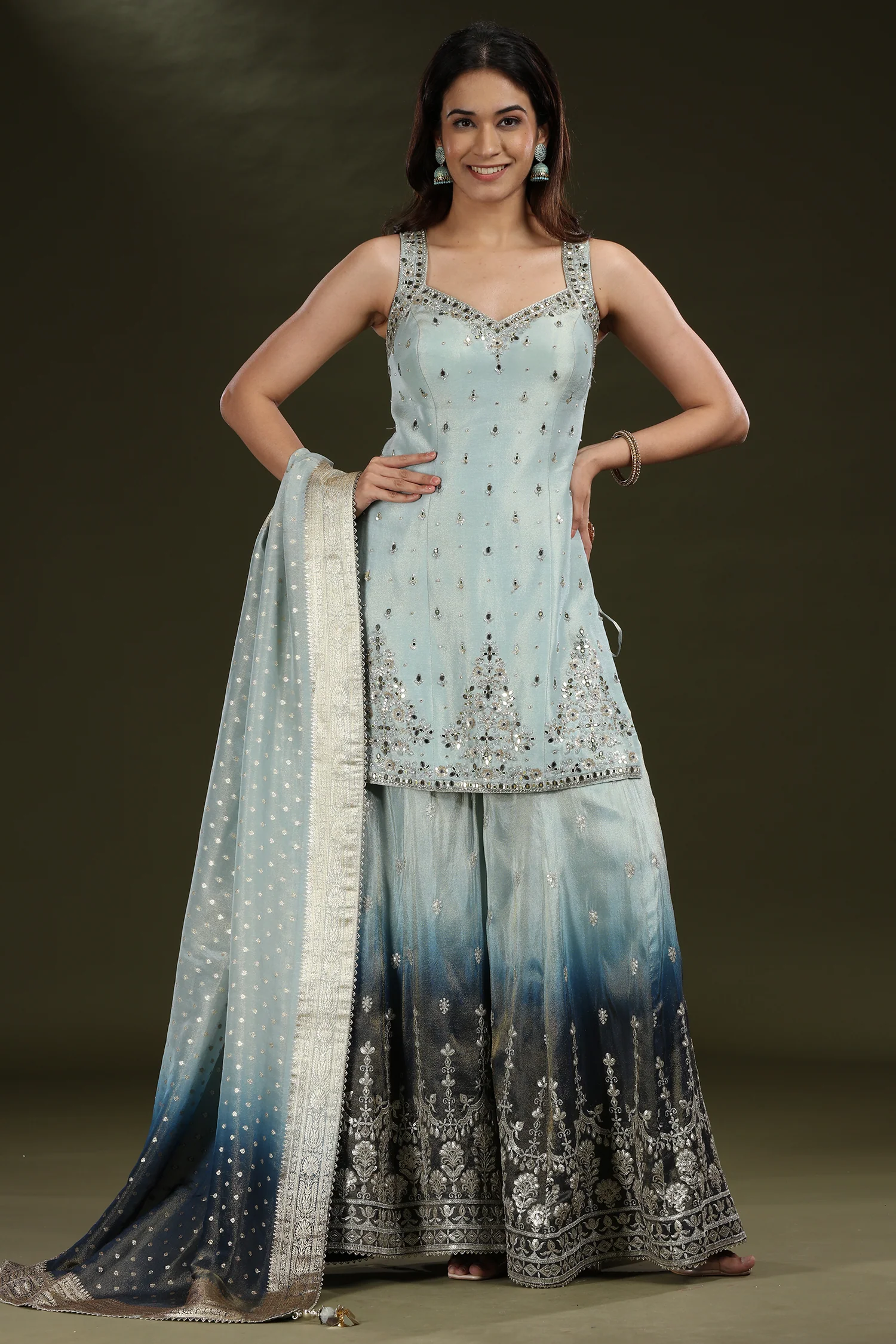 Light Blue Tissue Mirror Sequin and Cutdana Worked Palazzo Suit - Image 2