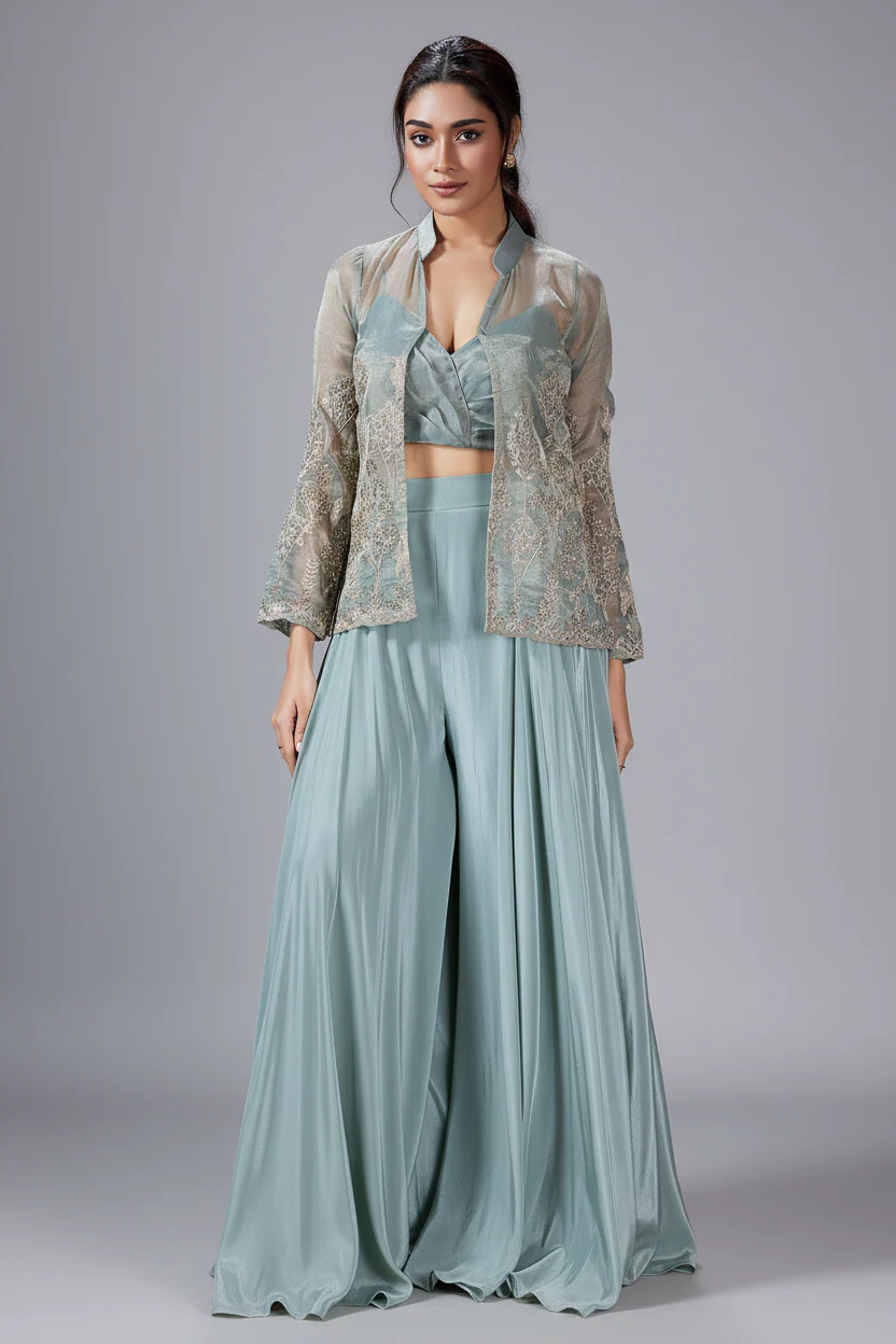 Light Blue Tissue Silk Crop Top Palazzo Set with Embroidered Jacket