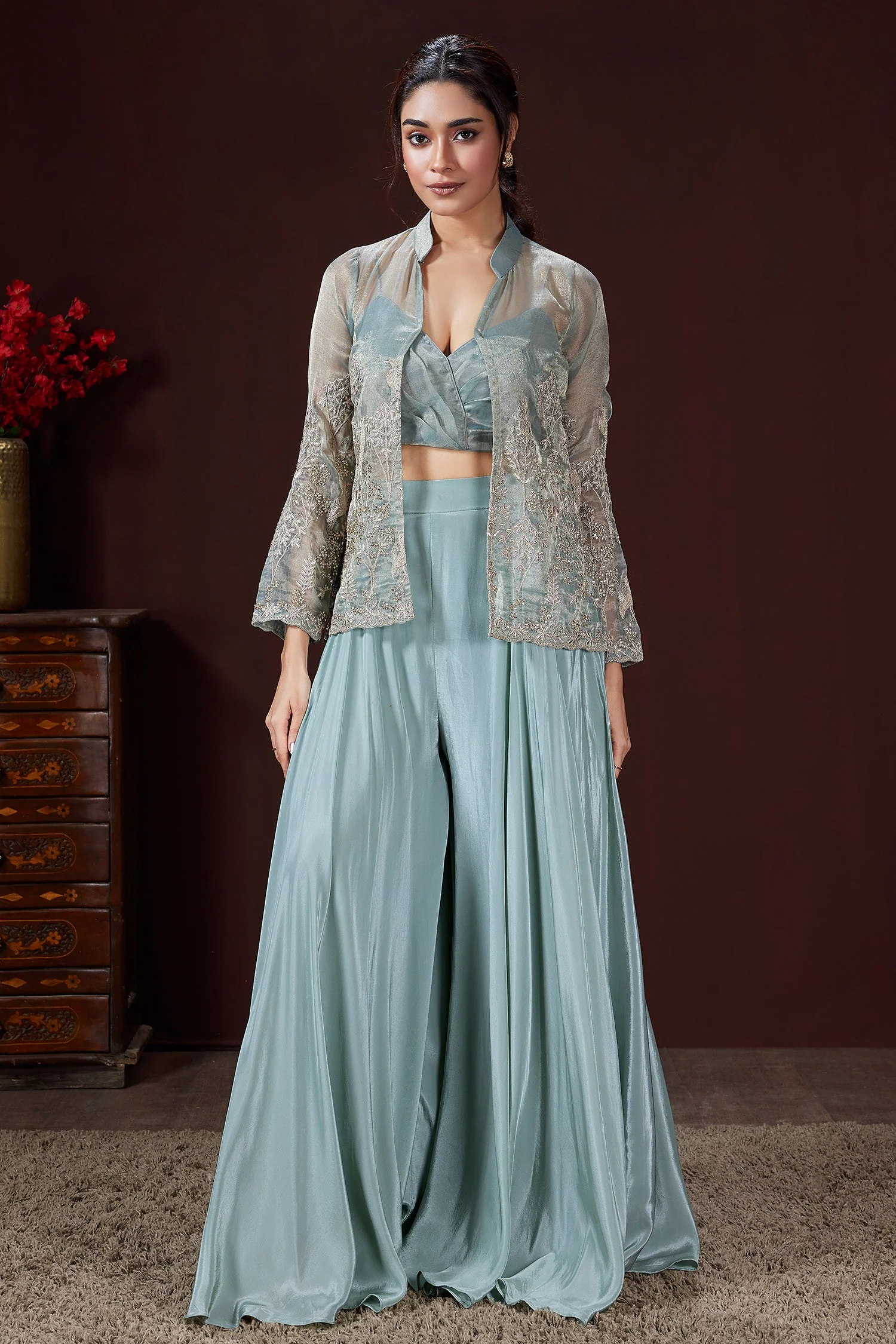 Light Blue Tissue Silk Crop Top Palazzo Set with Embroidered Jacket - Image 2